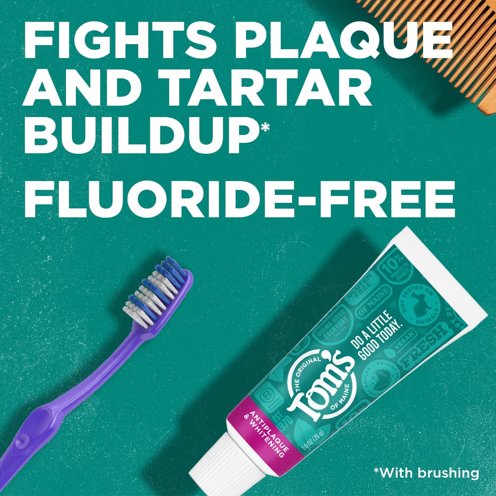 Tom's of Maine Fluoride-Free Antiplaque & Whitening Toothpaste - Natural Peppermint Flavor, Travel Size 1 oz (12-Pack) | Fresh Breath & Teeth Whitening for Home, Office & Travel Use