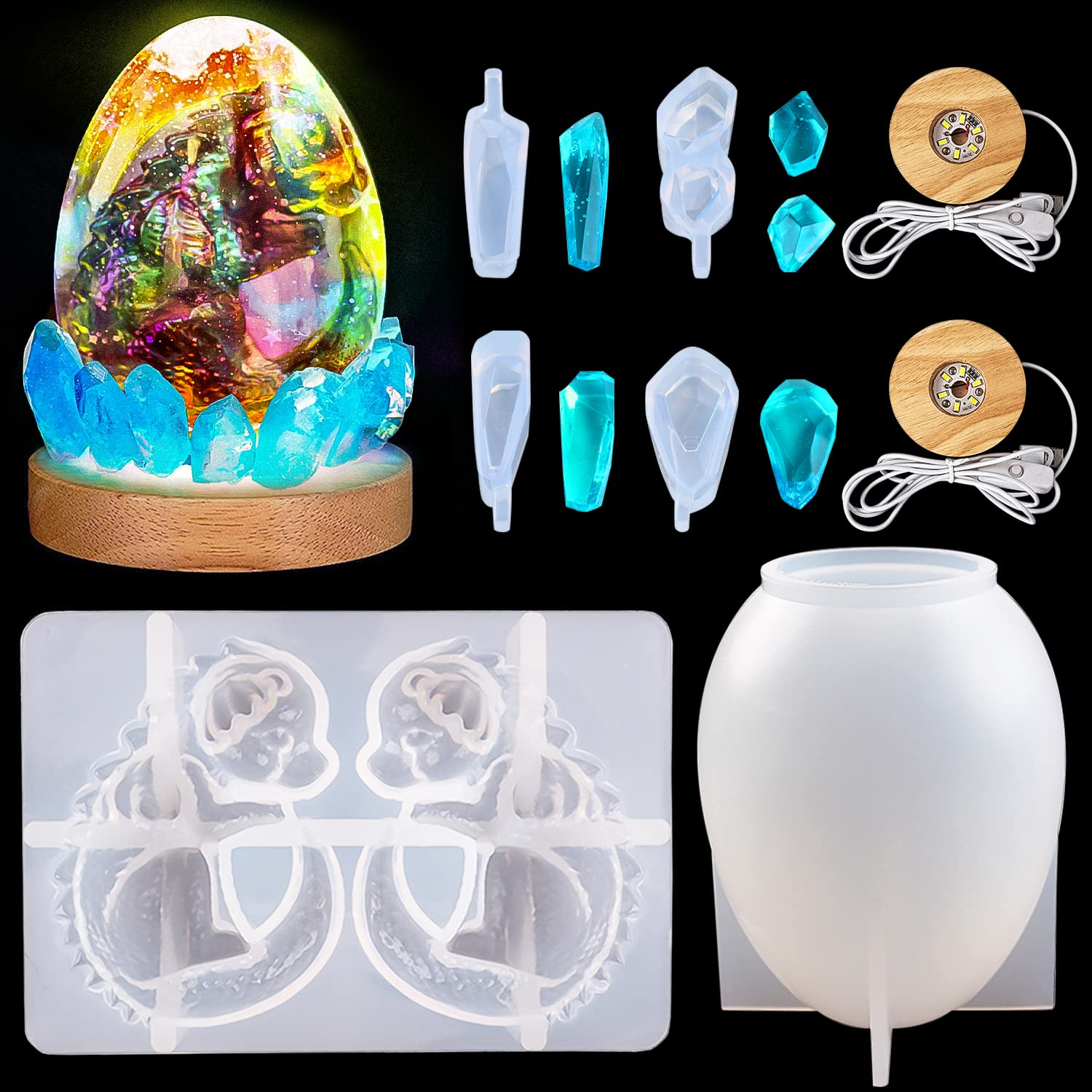 Dinosaur Egg Resin Mold with 2 LED Lights - 3D Silicone Baby Dinosaur Molds for Epoxy Casting - DIY Dragon Egg Mold for Night Light, Cake Decoration, Home Decor & Party Favors