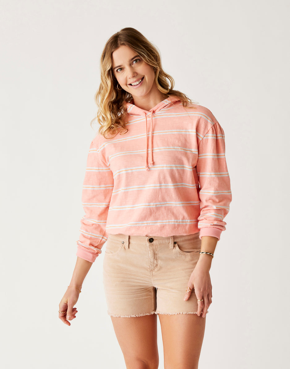 Birdie Slub Hoodie: Electric Coral Rugby Stripe Pullover Sweatshirt - Cozy Casual Wear for Women, Street Style Fashion, Loungewear & Outdoor Activities