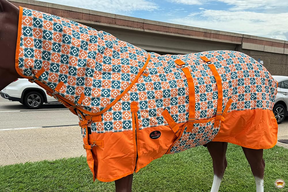 HILASON 1200D Winter Waterproof Poly Horse Hood Turnout Blanket with Floral Design - Neck Cover & Belly Wrap - Heavy Duty Waterproof Turnout Blankets for Horses - Ideal for Cold Weather Riding, Training & Outdoor Stable Use