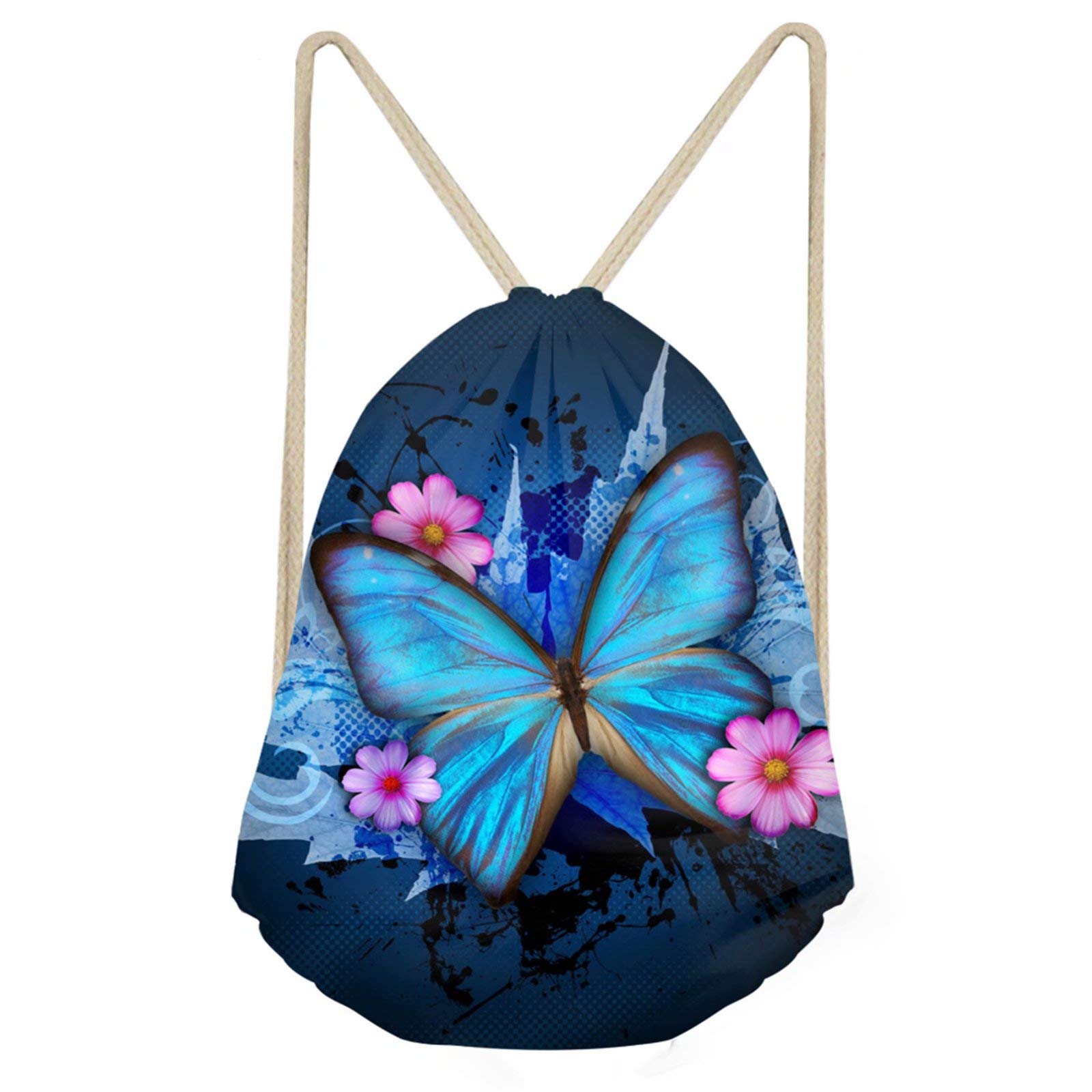 STUOARTE Women's Fashion Drawstring Backpack - Blue Butterfly Floral Print School Gym Bag for Girls, Lightweight Cinch Sack for Sports, Travel & Daily Use