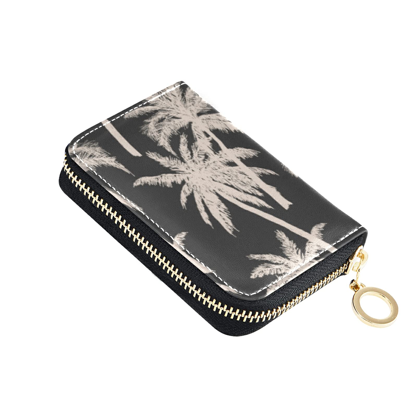 Stylish Black RFID Blocking Credit Card Wallet with Palm Tree Design - Premium Microfiber Leather Zipper Card Holder for Women | Perfect for Travel, Shopping & Everyday Use