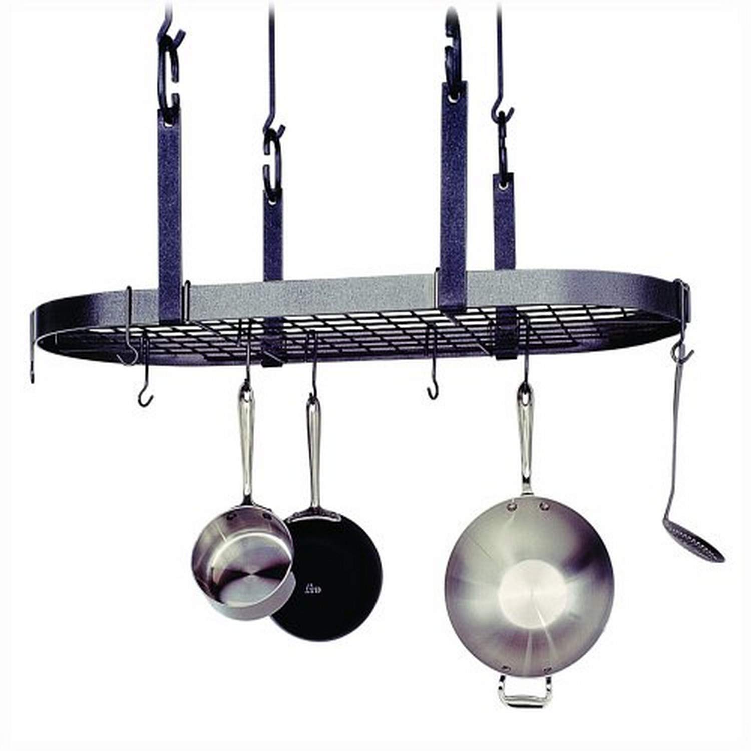 Enclume Premier 4-Point Oval Ceiling Pot Rack - Hammered Steel Kitchen Organizer - Perfect for Hanging Cookware & Utensils in Modern Kitchens