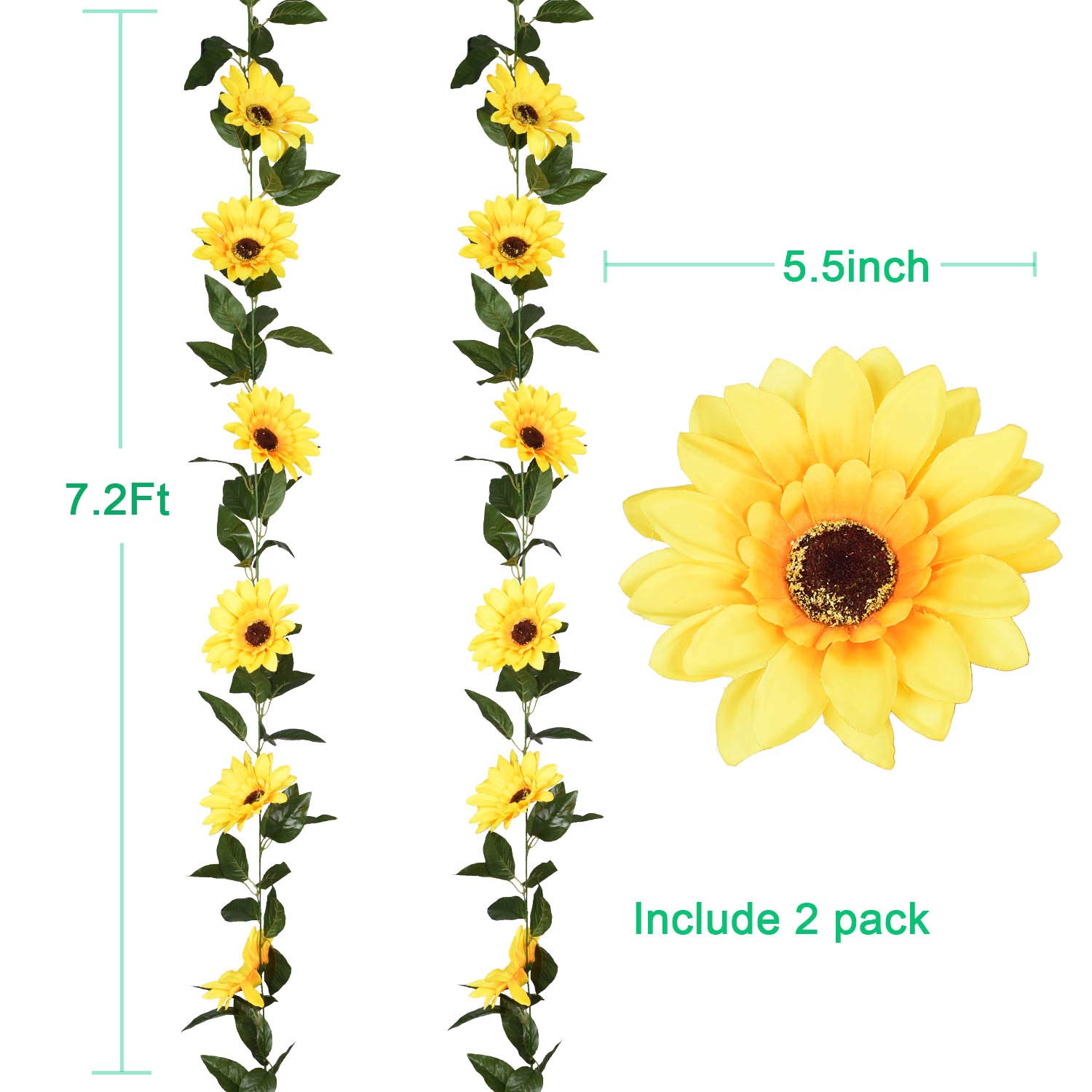 2 Pack Artificial Sunflower Garland - Silk Sunflower Vine with Green Leaves for Wedding, Party, Home & Table Decor - DIY Floral Arrangement, Wall Hanging, and Event Decoration