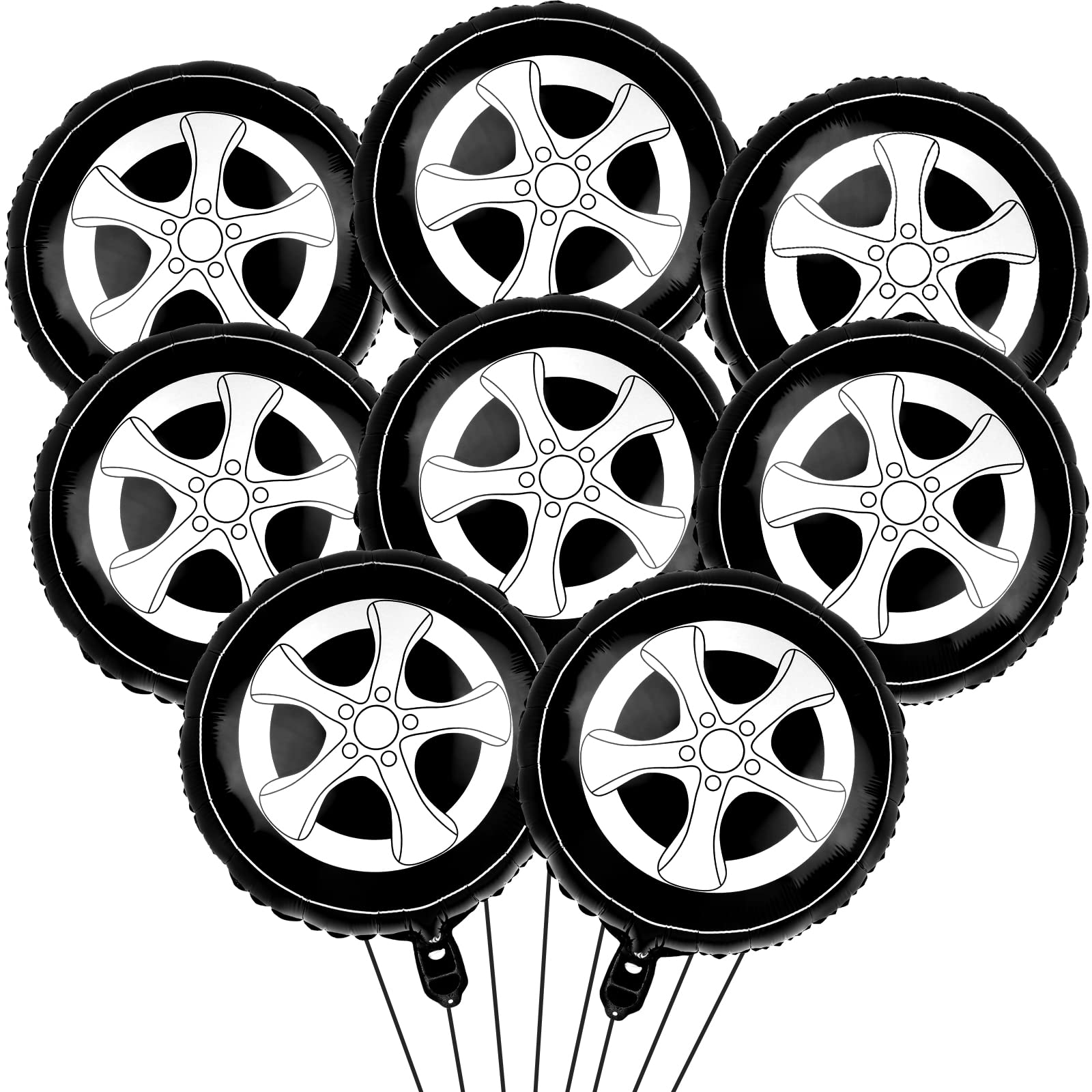 8pcs 18 Inch Black Foil Tire Balloons - Race Car Balloon Garland Kit for Classic Car Themed Birthday Parties, Kids Truck Decorations - Perfect for Boys' Race Car Birthday, Baby Shower & Automotive Celebration Decor