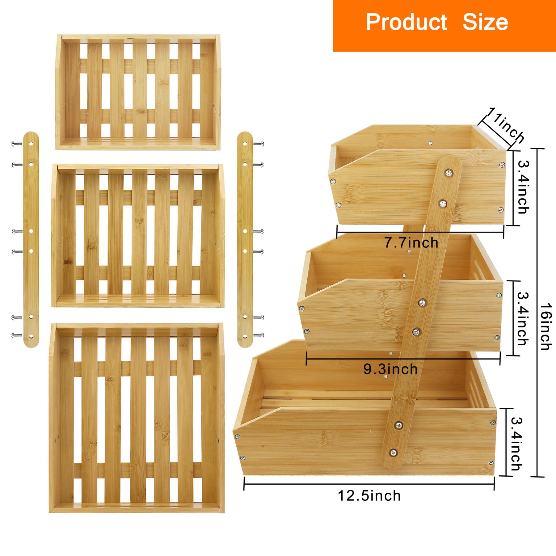 3-Tier Bamboo Fruit Basket Stand for Kitchen Counter - Large Fruit & Vegetable Storage Bowl, Display Rack for Fresh Produce - Perfect for Kitchen Organization, Pantry Storage & Healthy Snack Display