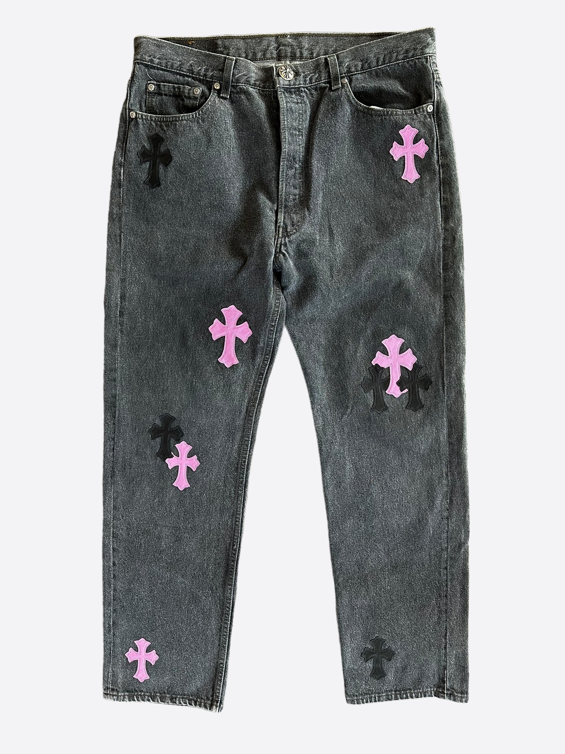 Chrome Hearts x Levi's Grey & Pink Hong Kong Patch Distressed Jeans for Men & Women | Vintage Denim Pants with Unique Embroidery - Perfect for Streetwear & Casual Outfits