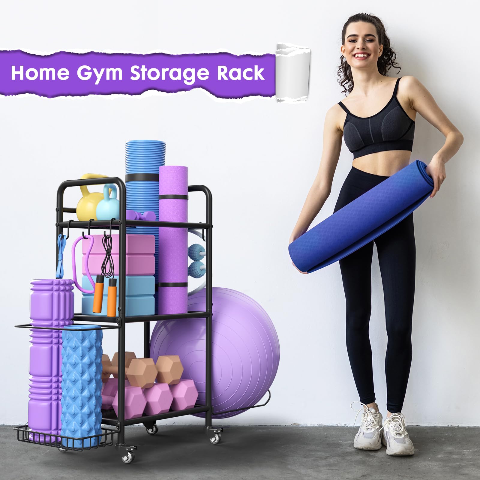 Home Gym Storage Rack - Heavy Duty Exercise Equipment Organizer for Yoga Mats, Dumbbells, Kettlebells & Resistance Bands | Perfect for Yoga Studios, Home Workouts & Garage Gyms - Space Saving Workout Gear Storage Solution