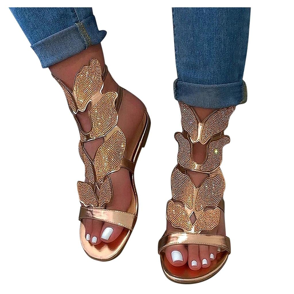 NOLDARES Women's Rhinestone Crystal Flat Sandals - Casual Fashion Open Toe Roman Slip-On Beach Sandals for Summer Walking, Vacation & Outdoor Activities