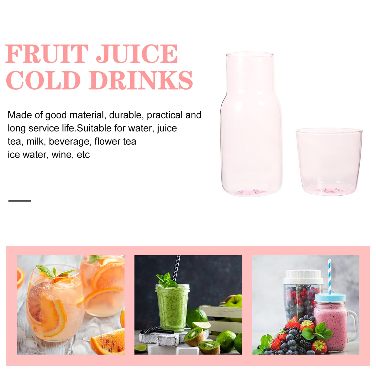 DOITOOL Pink Nightstand Water Set - 520ml Glass Pitcher with Tumbler for Bedside, Perfect for Water, Iced Tea, Lemonade & Juice - Ideal for Bedroom, Office, or Gift