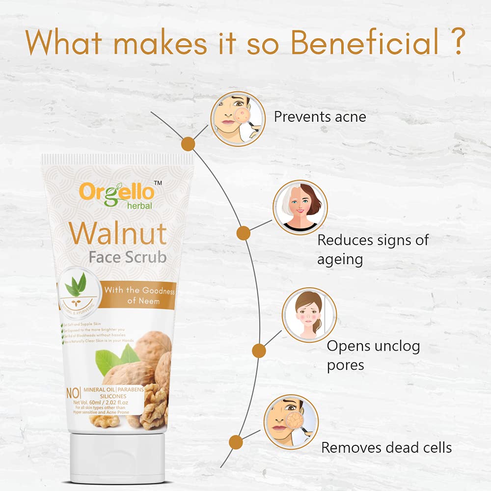 Orgello Herbal Walnut Scrub 60g (Pack of 2) - Natural Face & Body Exfoliator for Men & Women - SLS, Paraben & Mineral Oil Free - Ideal for Normal, Oily & Dry Skin - Perfect for Daily Skincare Routine & Spa Treatment at Home