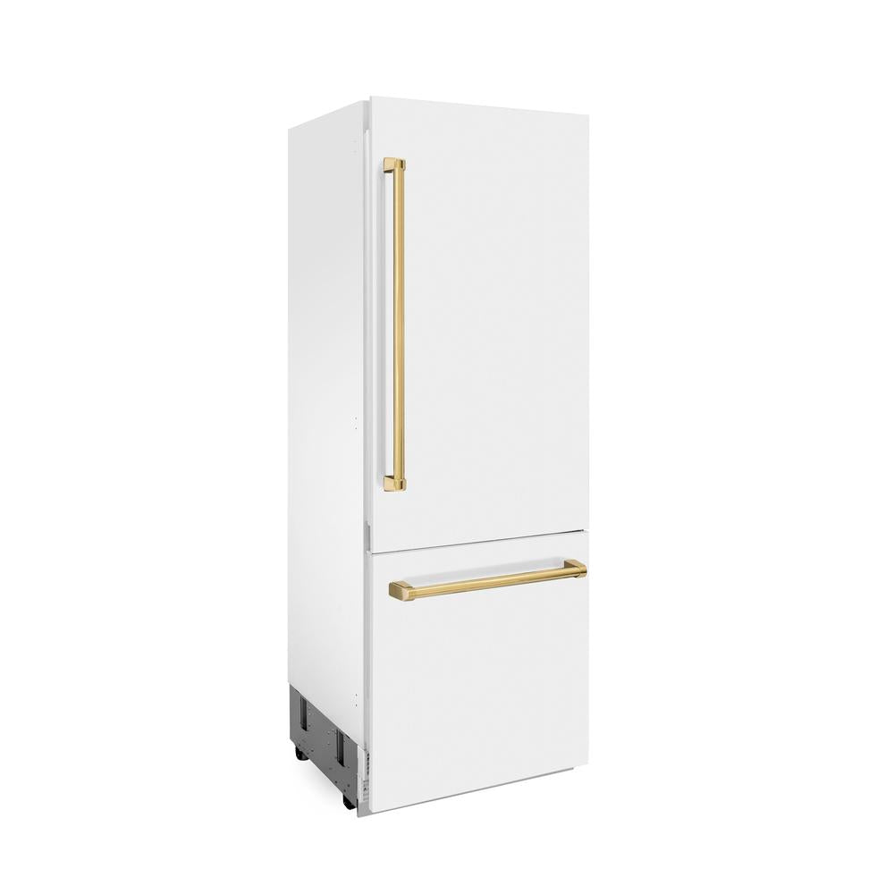 ZLINE Autograph Edition 30 Inch Built-In Bottom Freezer Refrigerator - 16.1 cu.ft Capacity, Water Dispenser & Ice Maker - White Matte Finish with Polished Gold Accents (RBIVZ WM 30 G) | Perfect for Modern Kitchens & Luxury Homes
