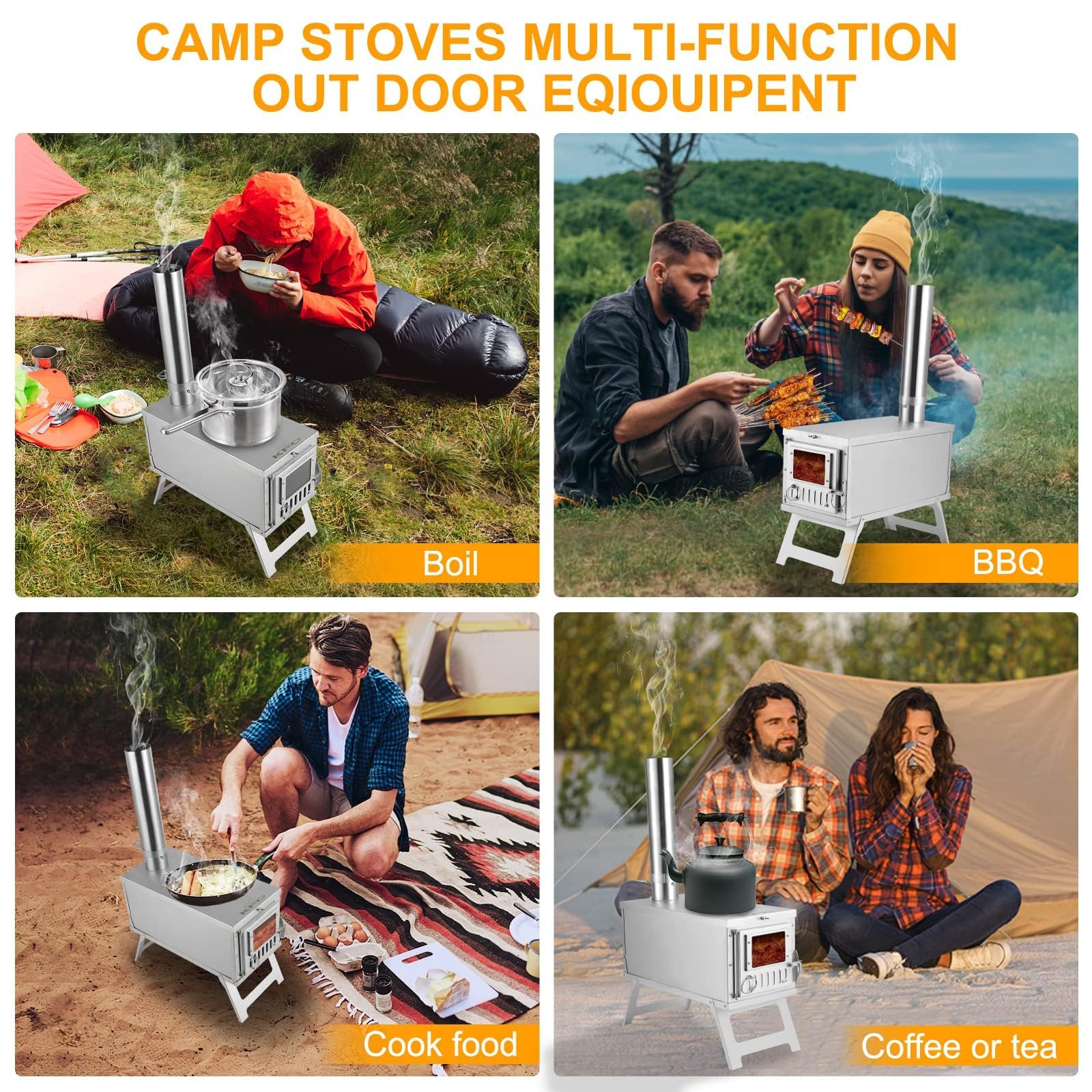 304 Stainless Steel Camping Tent Stove - Ultralight Foldable Portable Wood Burning Stove with Chimney Pipes & Rotary Damper | Tent Heater for Outdoor Camping, Hunting, Hiking & Emergency Cooking