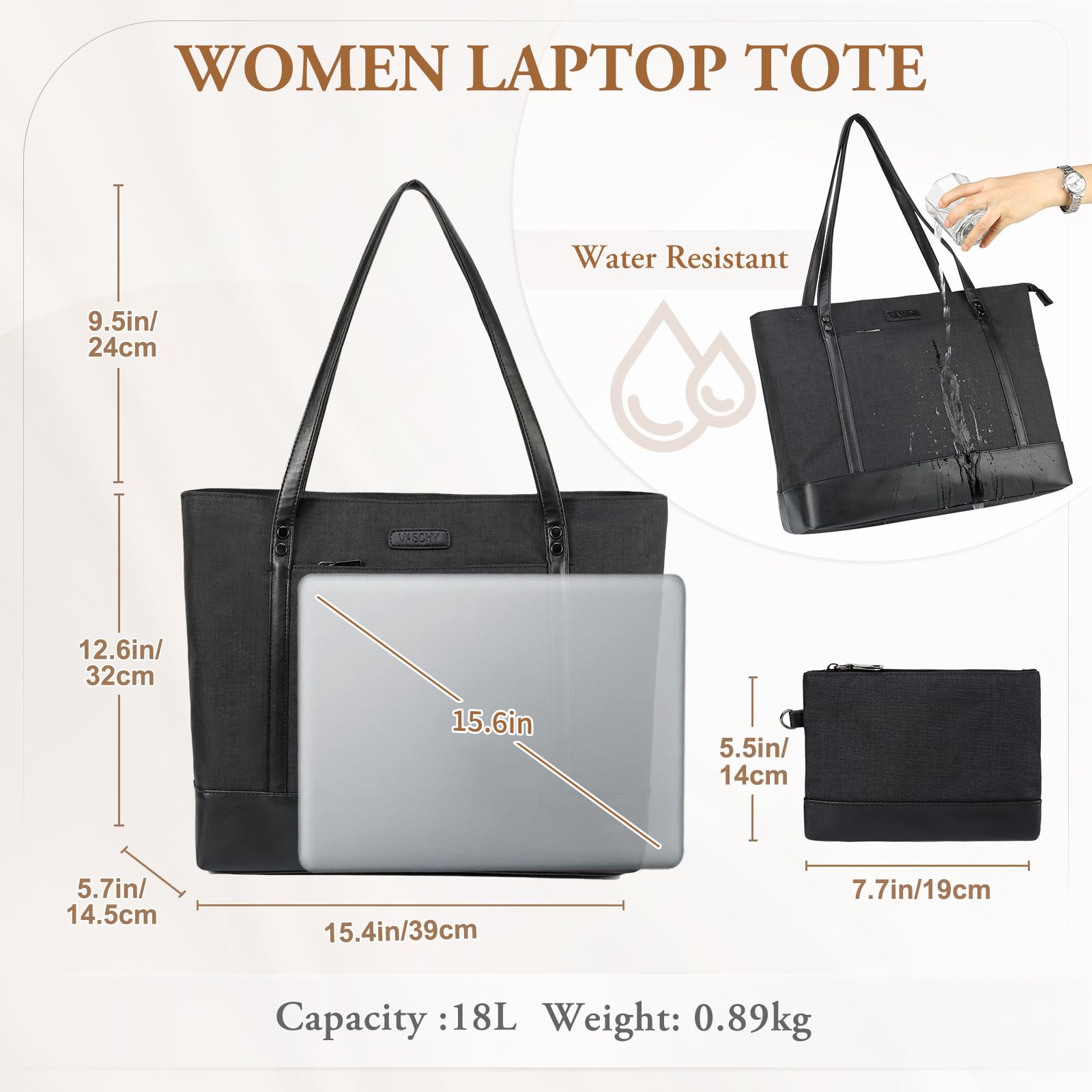 VASCHY Women's Water Resistant Laptop Tote Bag - 15.6 Inch Large Work Bag with Multiple Pockets for Office, School & Travel - Stylish Teacher Handbag & Shoulder Bag (Black) | Perfect for Business Professionals, College Students & Commuters
