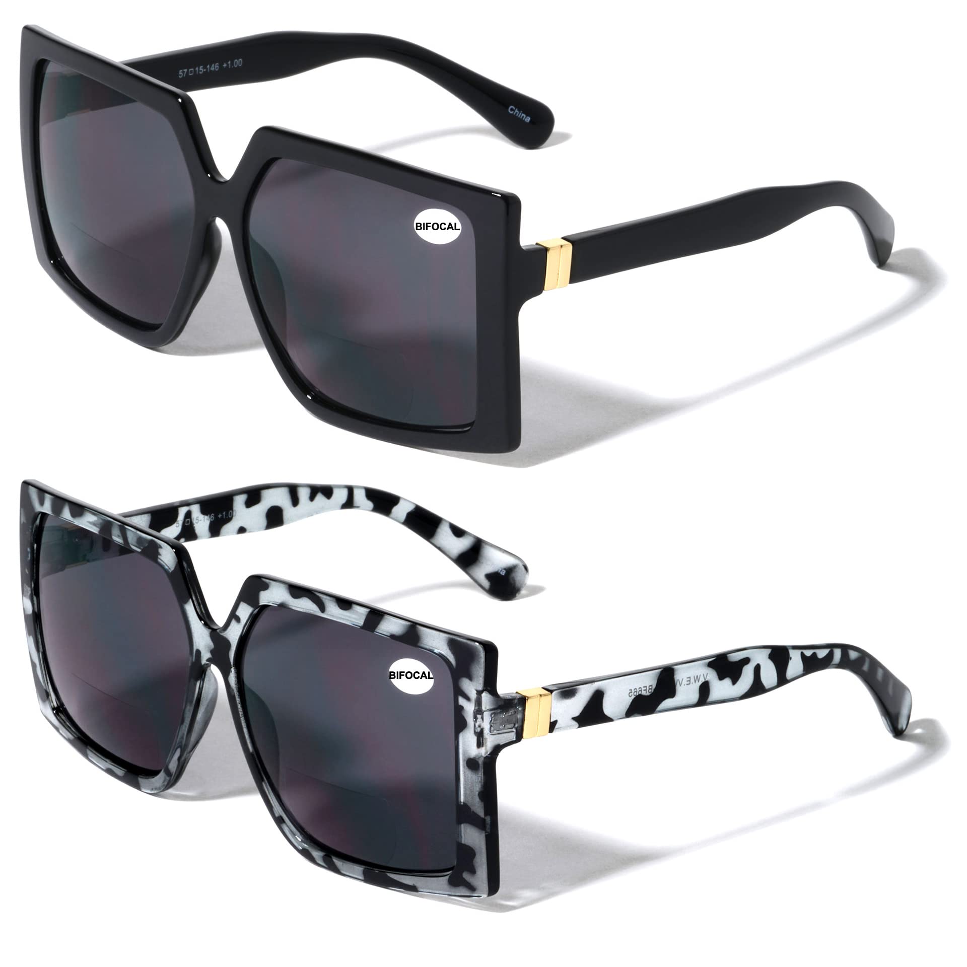 2 Pairs Square Oversize Women's BIFOCAL Reading Sunglasses for Outdoor Activities - Perfect for Beach, Driving, and Reading in Sunlight