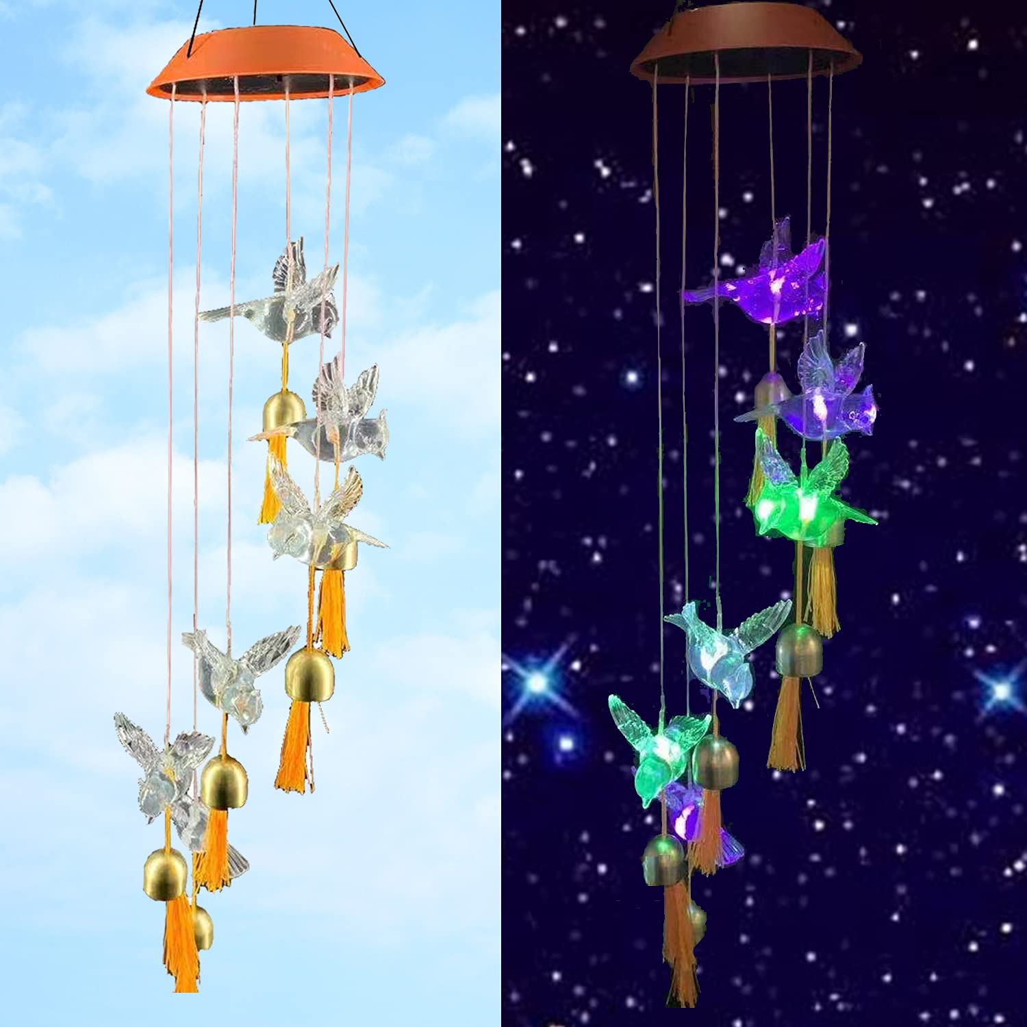 Clear Hummingbird Bell Solar Wind Chimes - Unique Birthday Gifts for Mom, Grandma, Women & Friends - Perfect for Outdoor Garden, Patio, and Home Decor