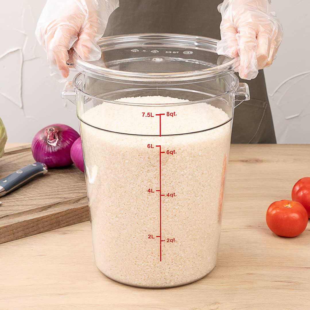 Restaurantware Met Lux 8 Quart (7.6L) Clear Plastic Food Storage Containers - 10-Pack Round Commercial Food Prep Buckets with Volume Markers, Lids Sold Separately | Space-Saving Kitchen Organization for Restaurants, Catering & Bulk Food Storage