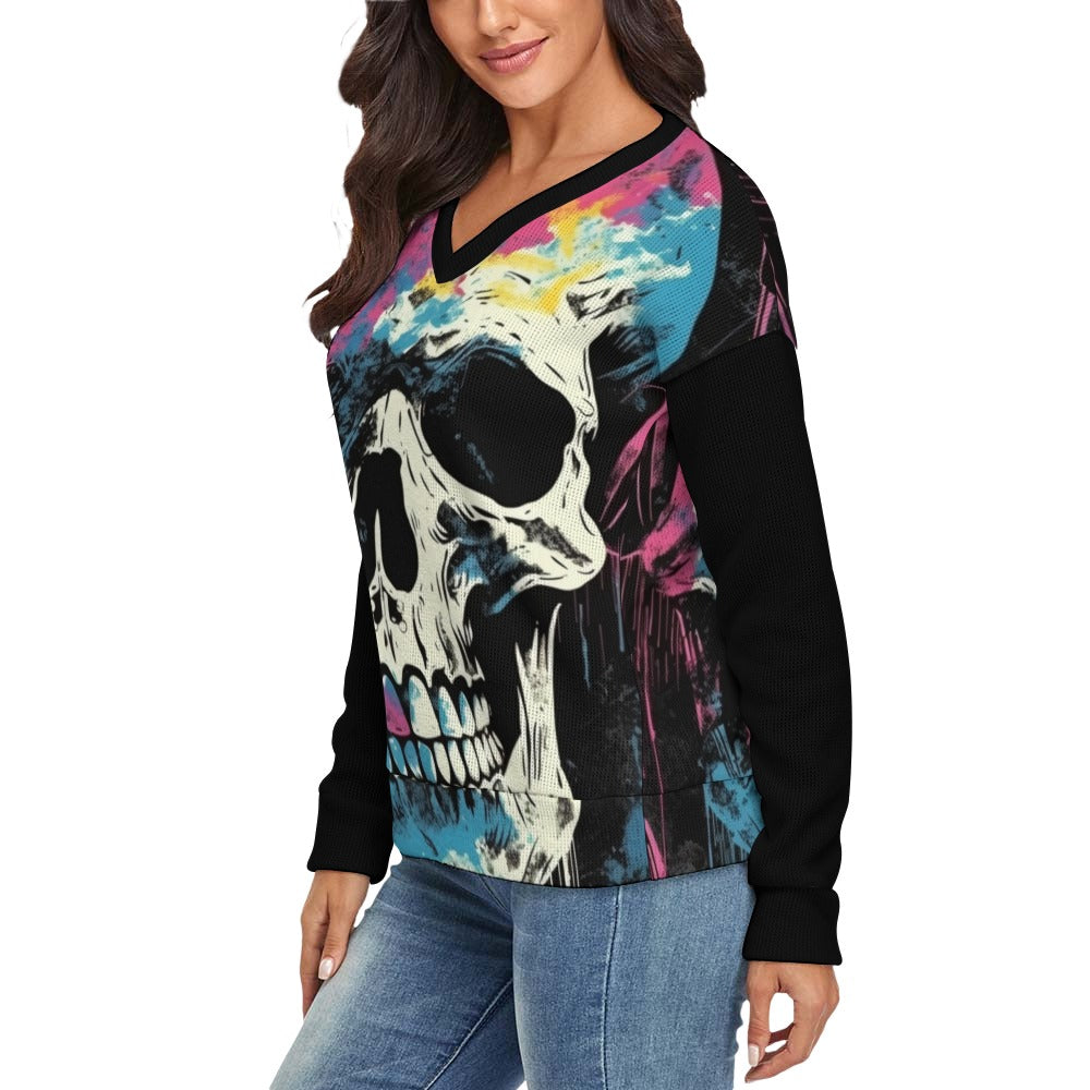 Stylish Multicolor Skulls V-Neck Long Sleeve Sweater for Women | Gothic Fashion Top | Perfect for Halloween, Parties & Casual Wear
