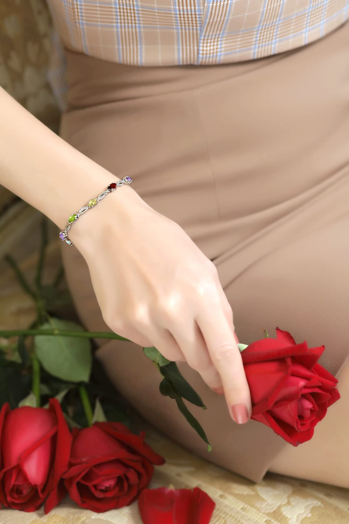 Women's Birthstone Bracelet | Oval Cut Swirl Design Tennis Bracelet | Genuine & Synthetic Gemstone Options | Sterling Silver or Gold Flash Silver | Gift Box Included | Perfect for Birthdays, Anniversaries & Special Occasions