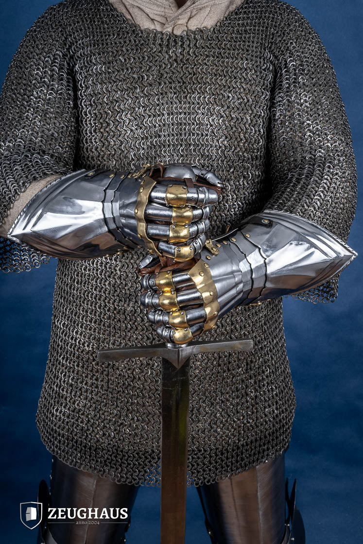 15th Century German Gauntlets - 1.2mm Steel Medieval Armor with Brass Accents for LARP, Cosplay, and Historical Reenactment
