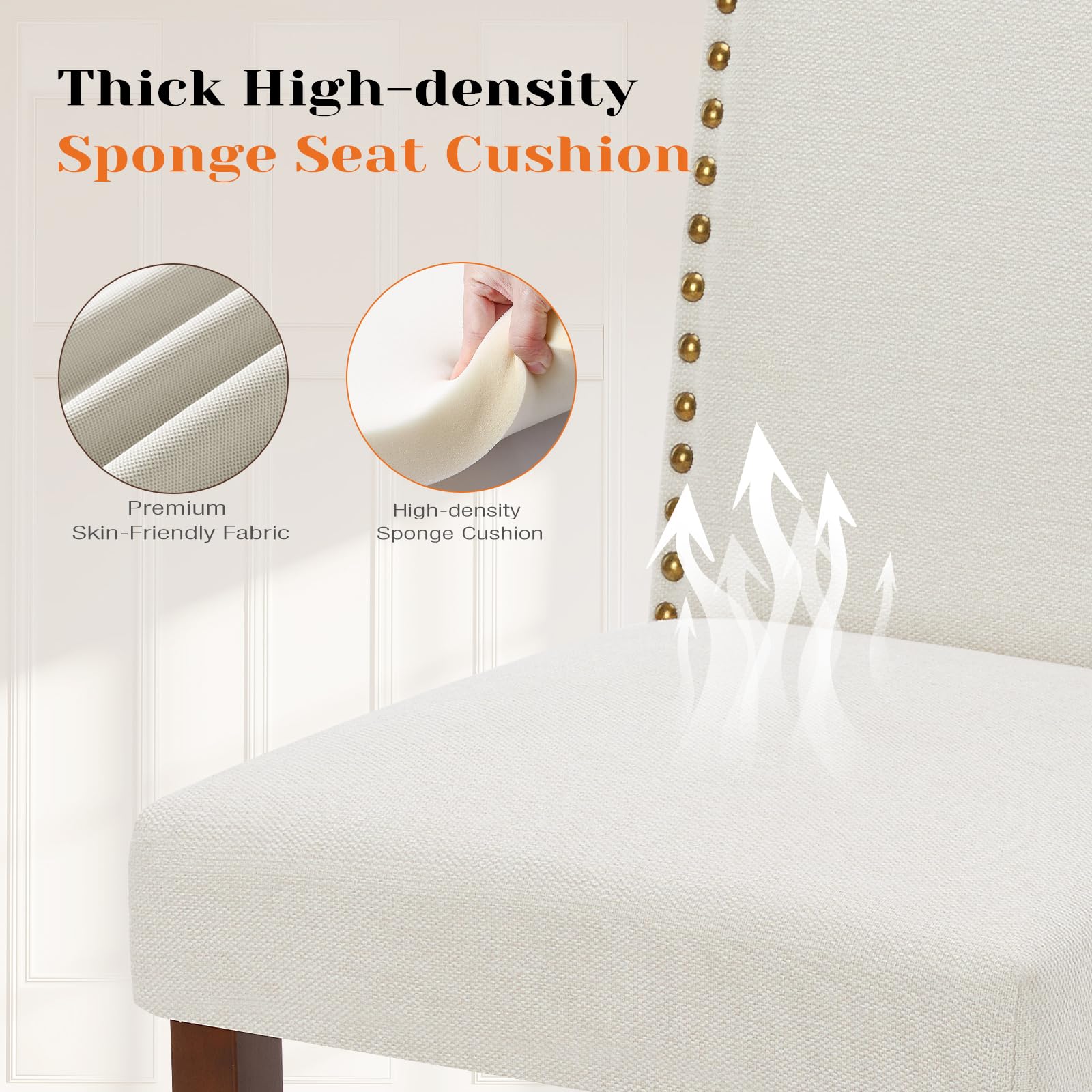 Sweetcrispy Mid Century Modern Dining Chairs Set of 4 - Upholstered Fabric Kitchen & Dining Room Chairs with Nailhead Trim & Wooden Legs - Perfect for Bedroom, Living Room & Home Office - Beige