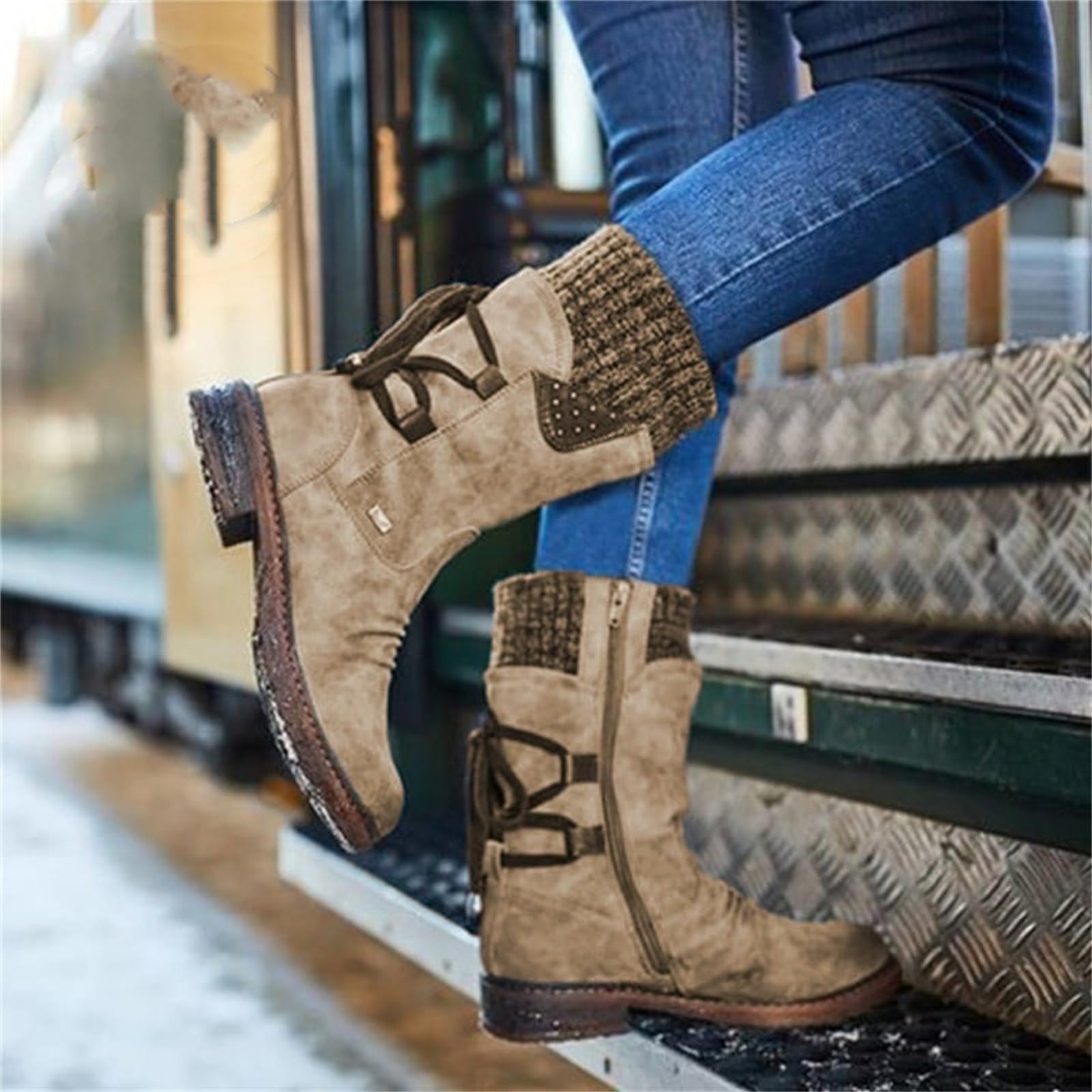 Heccie Women's Wide Calf Lace Up Boots with Built-in Socks - Black Lockable Ankle Boots for Winter Fashion & Outdoor Activities