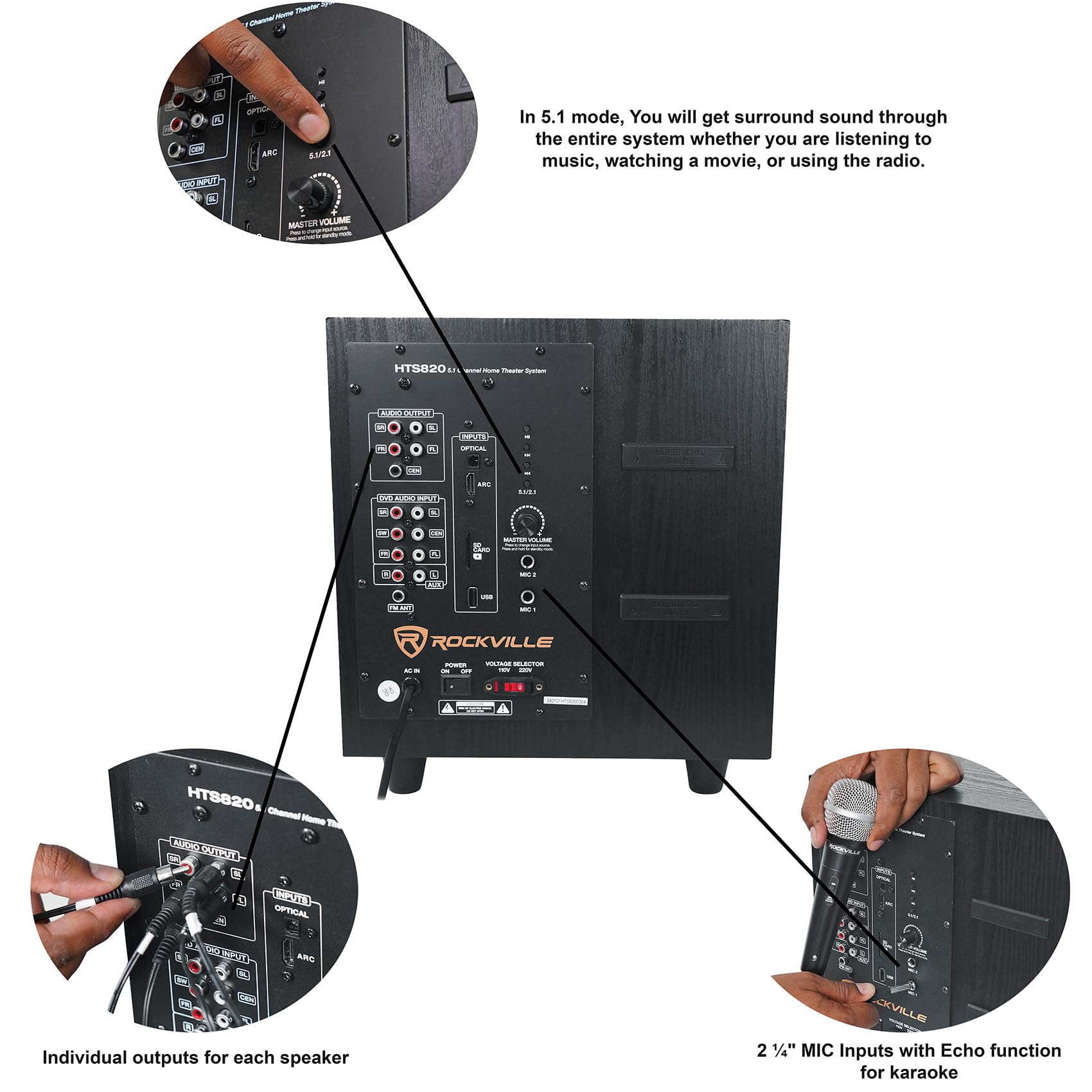 Rockville HTS820 1500W 5.1 Channel Home Theater System with 8