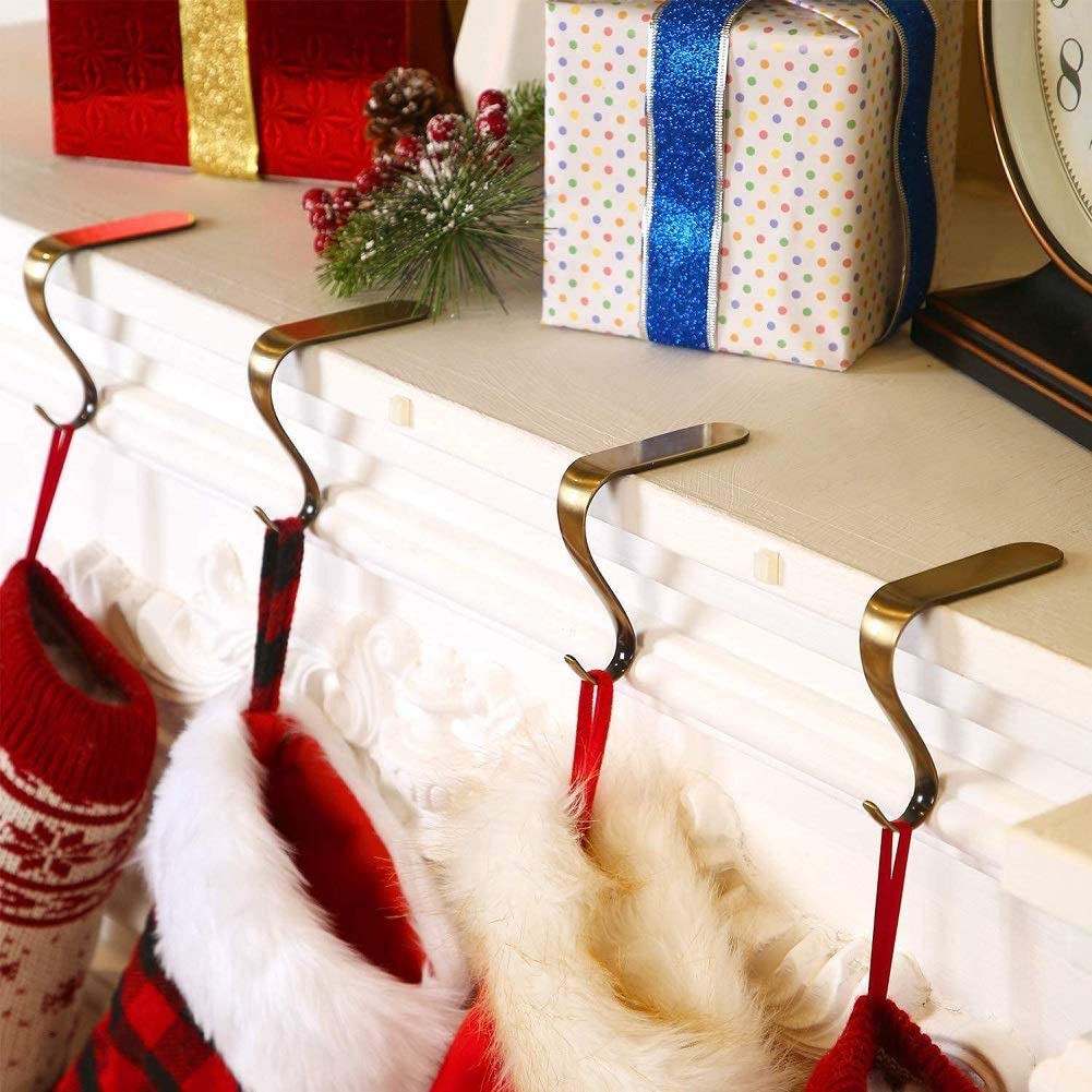 4 Pack Christmas Stocking Holders - Bronze Metal Mantel Hangers with Non-Slip Design for Fireplace, Holiday Decorations - Perfect for Christmas Party, Home Decor & Festive Fireplace Stocking Display