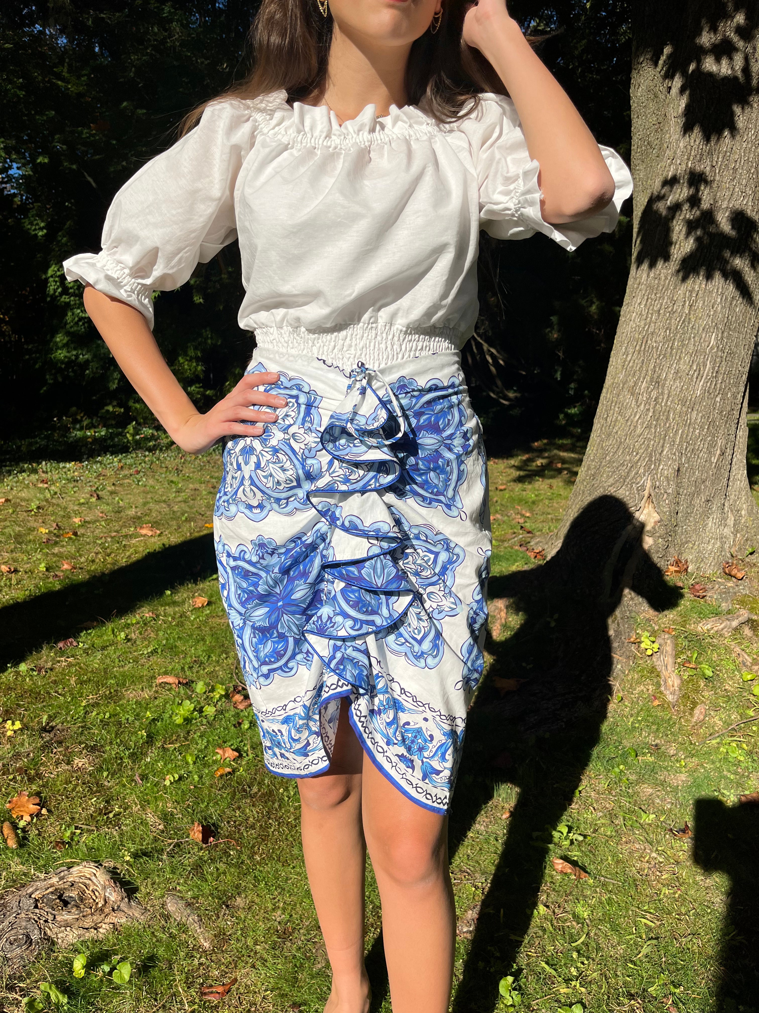 Stylish Blue and White Ruffle Skirt for Women - Summer Floral Print A-Line Skirt - Perfect for Beach, Party & Casual Outfits