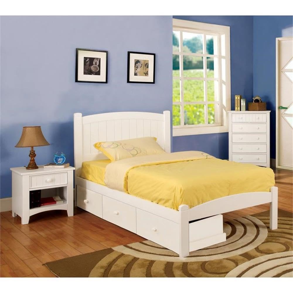 Furniture of America Rina White Wood Twin Bedroom Set with 2 Nightstands - Modern Bed Frame & Matching Side Tables for Small Spaces & Guest Rooms