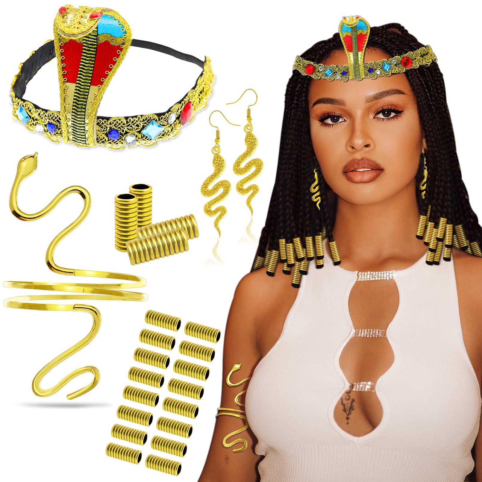25Pcs Egyptian Cleopatra Costume Accessories Set - Golden Snake Headpiece, Arm Cuffs & Earrings for Cosplay, Halloween & Themed Parties | Vintage Pharaoh Jewelry Collection