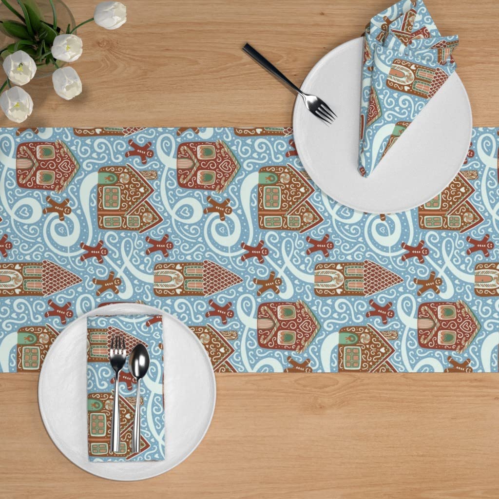 Snow Gingerbread Town Blue Baking Men Christmas House Cookies Holiday Winter Village Swirl Print Cotton Sateen Table Runner - 108