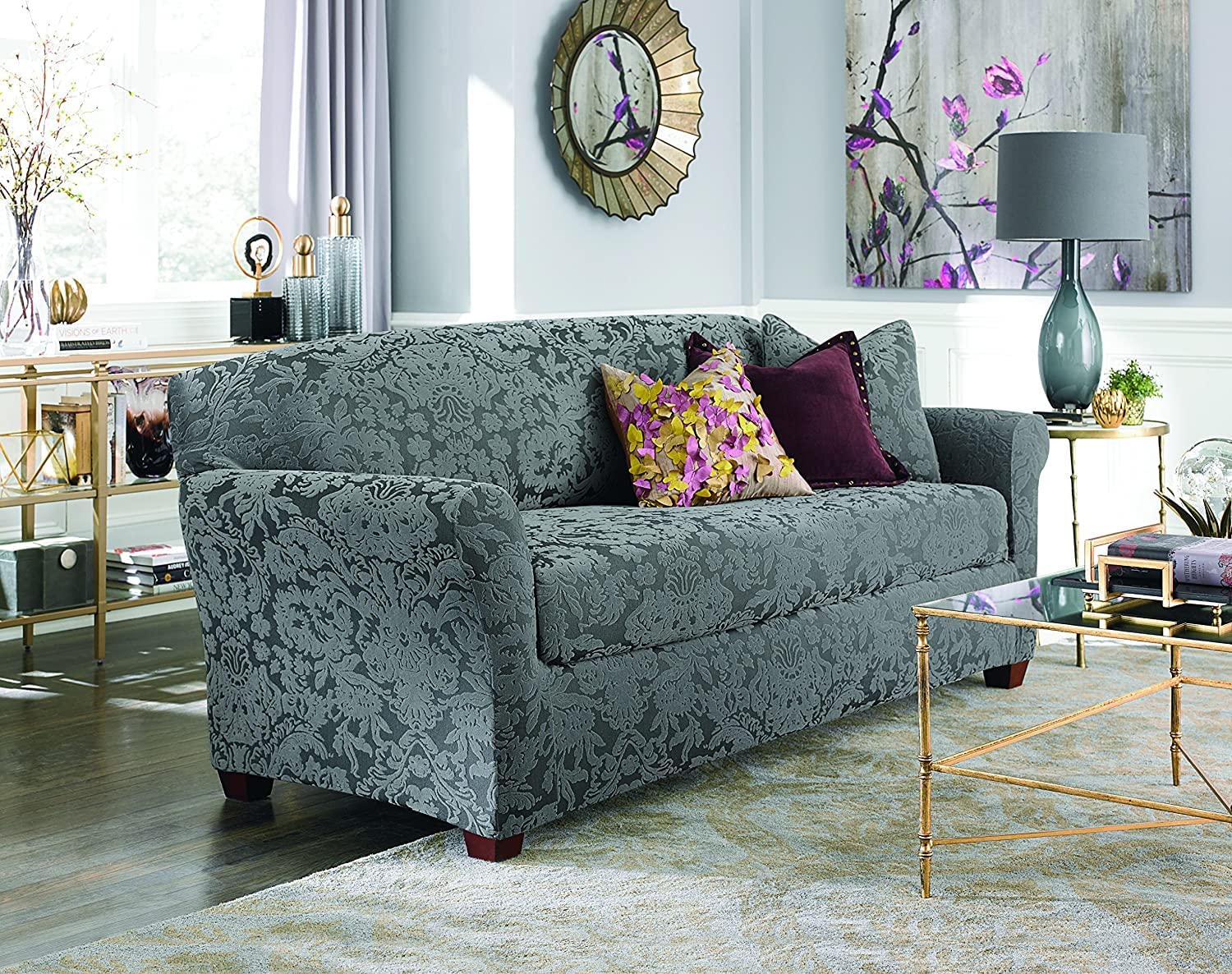 SureFit Stretch Jacquard Damask 2-Piece Sofa Slipcover - Gray - Fits Most Couches & Loveseats - Easy Washable Sofa Cover for Living Room, Bedroom & Home Decor