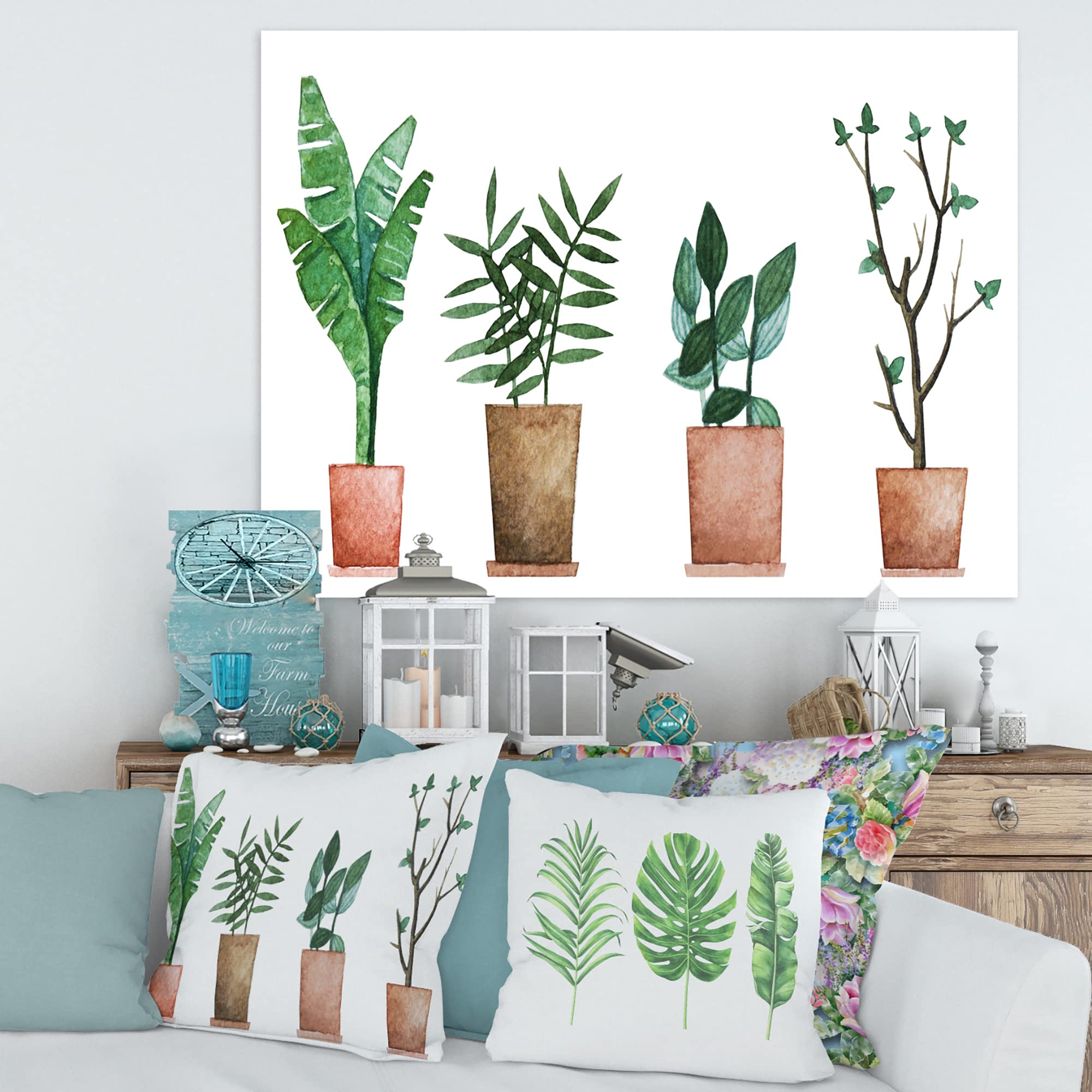 DesignQ Duo of Potted Flowers House Plants - Farmhouse Style Canvas Wall Art Decor for Living Room, Bedroom & Office