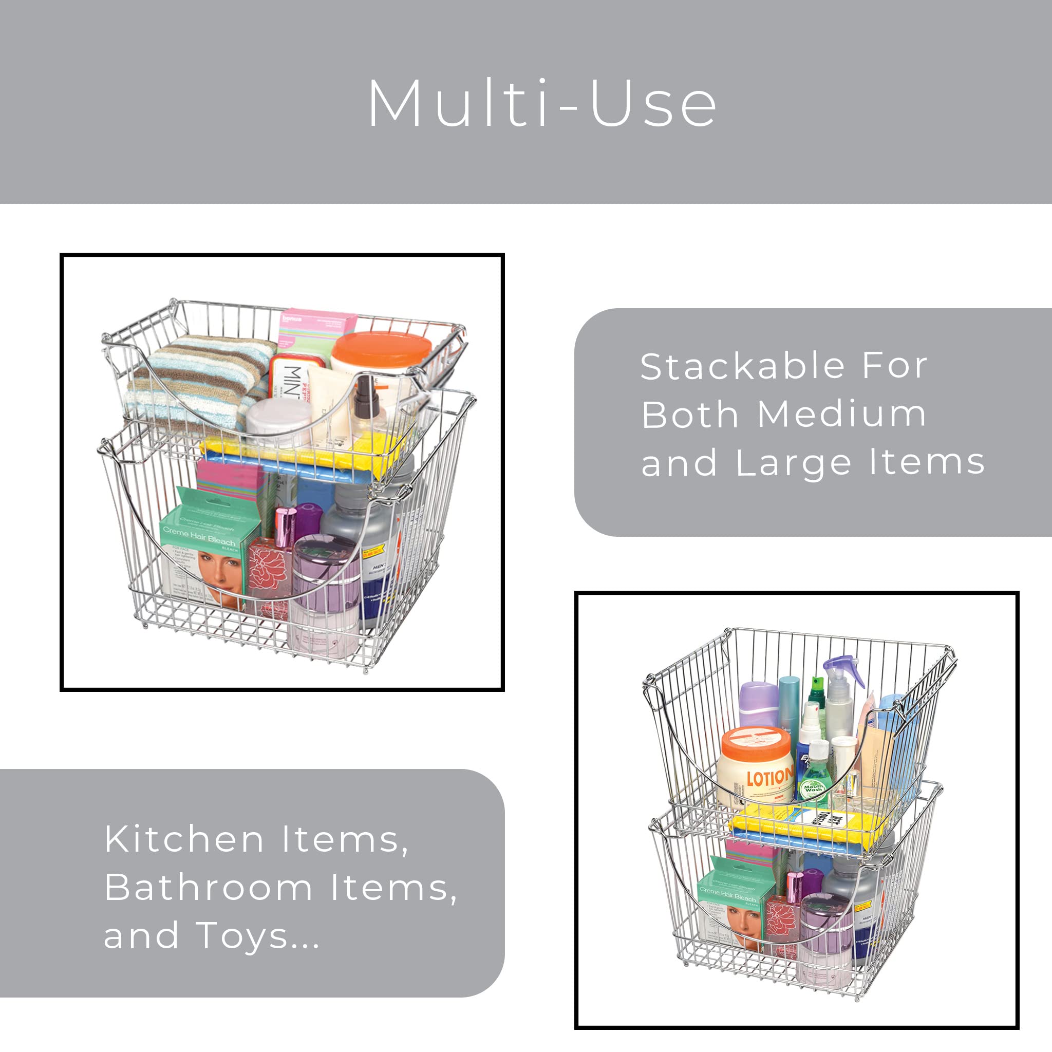 Smart Stacking Baskets with Handles - Set of 2 Large Steel Wire Storage Bins for Fruits, Vegetables & Pantry Organization (12.5