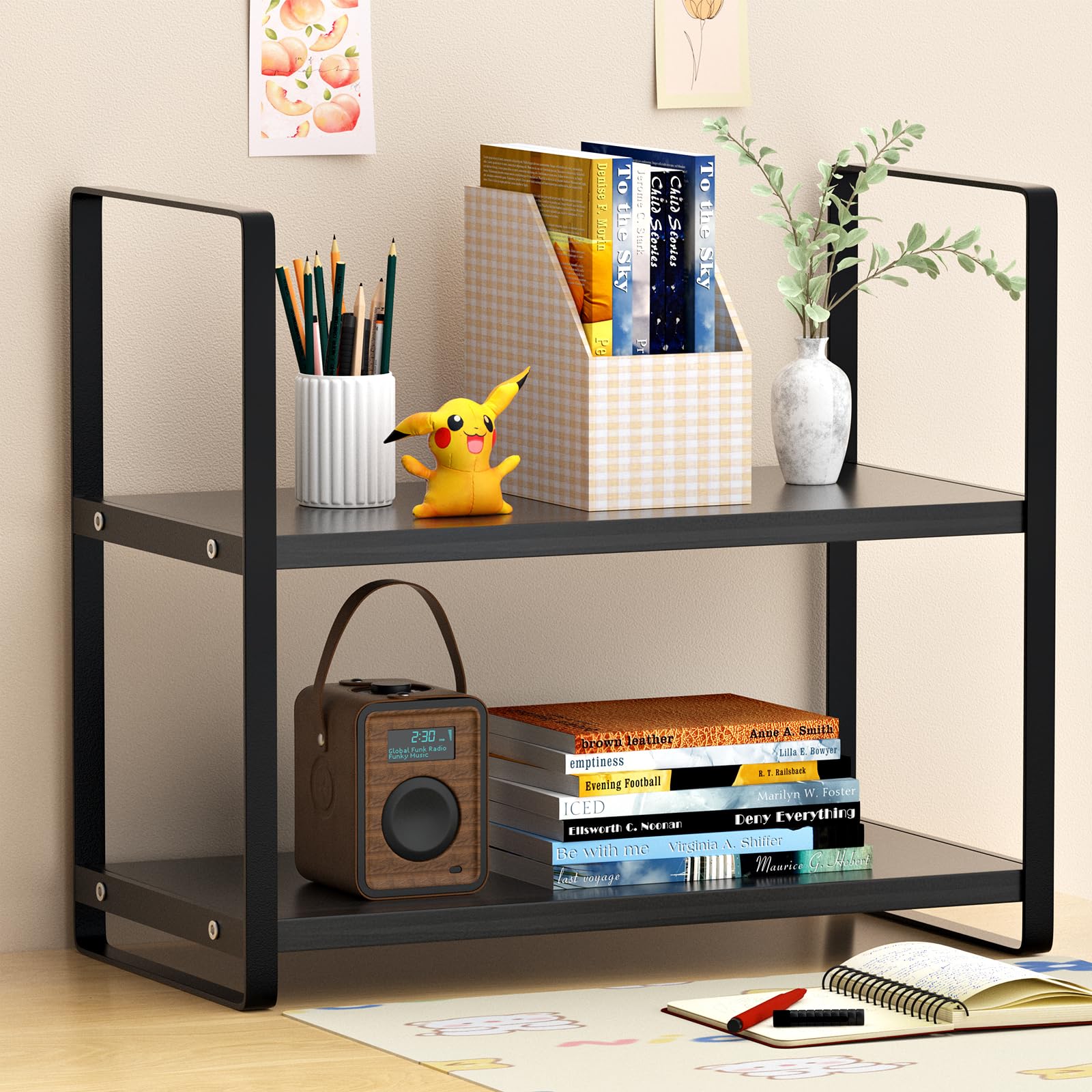 2-Tier Wooden Desk Shelf Organizer - Office Storage Rack for Books, Supplies & Decor | Perfect for Desk, Dresser Top | Ideal for Home, Office & Dorm Organization (Black)