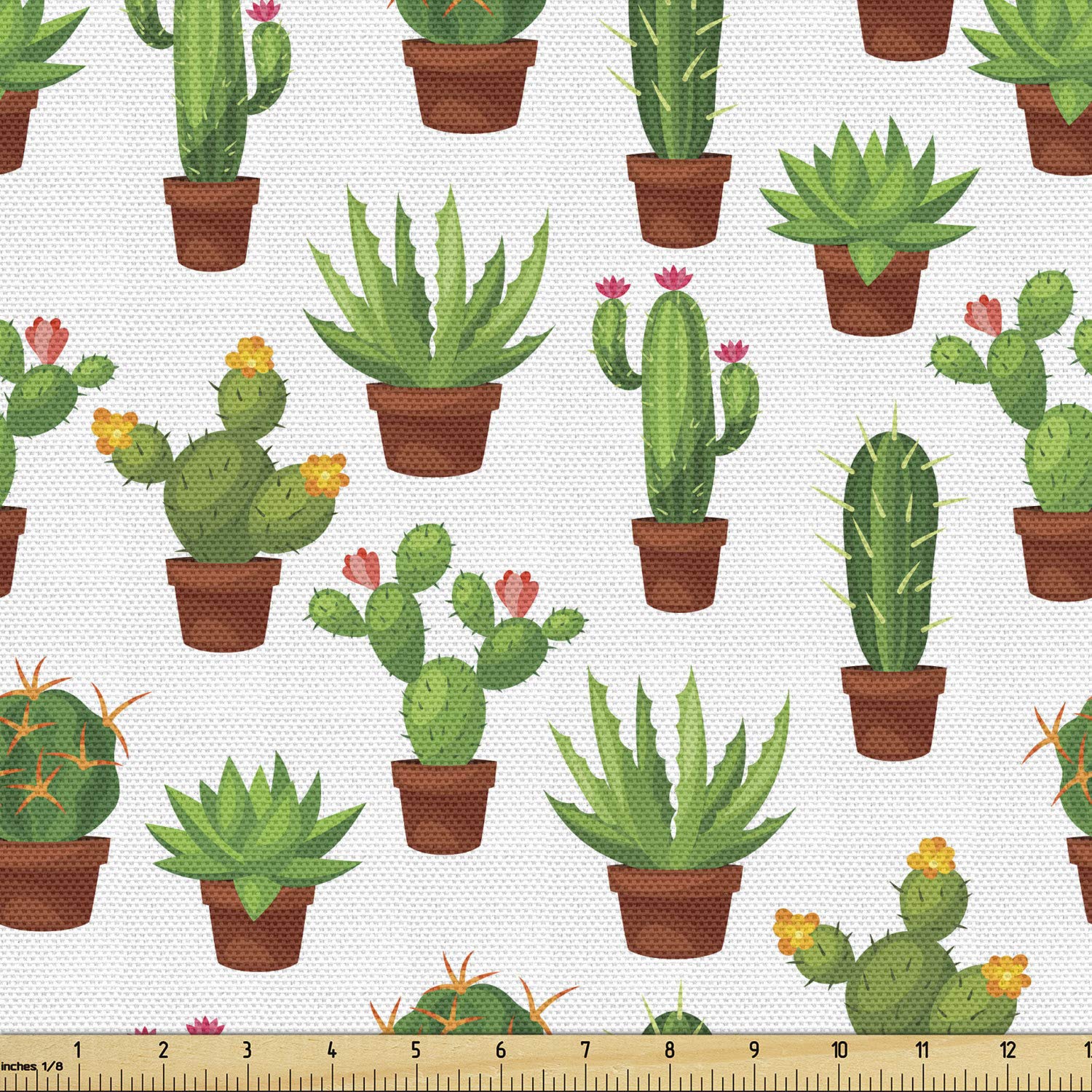 Ambesonne Cactus Print Fabric by The Yard - Abstract Floral Pattern with Vases & Pots, Botany Spring Design - Decorative Upholstery Fabric for Sofa, Curtains & Home Decor (10 Yards, Green Brown Marigold) - Perfect for DIY Projects, Pillow Covers & Table Runners
