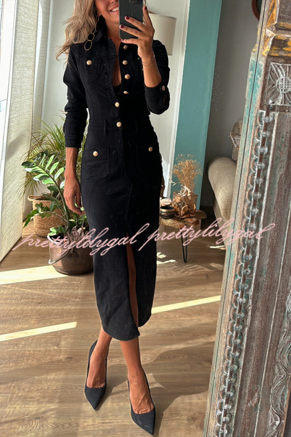 Stylish Tessy Denim Stretch Midi Dress with Metal Buttons & Zipper Detail - Perfect for Casual Outings, Date Nights & Office Wear