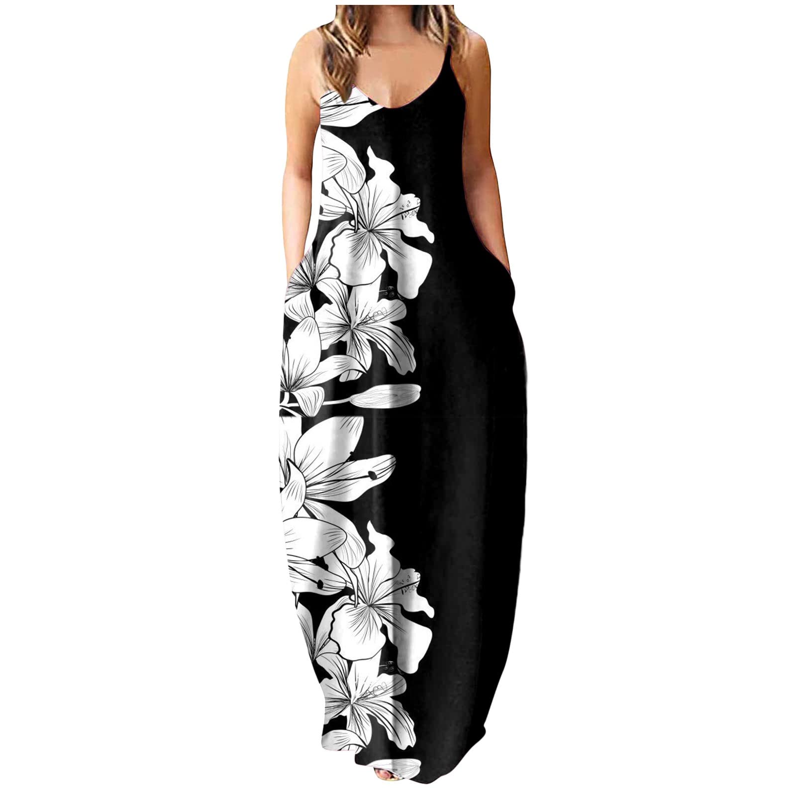 Women's Flowy V-Neck Spaghetti Strap High Waist Tank Dress with Floral Print - Plus Size Summer Beach & Evening Party Dress for Casual Outings & Special Occasions