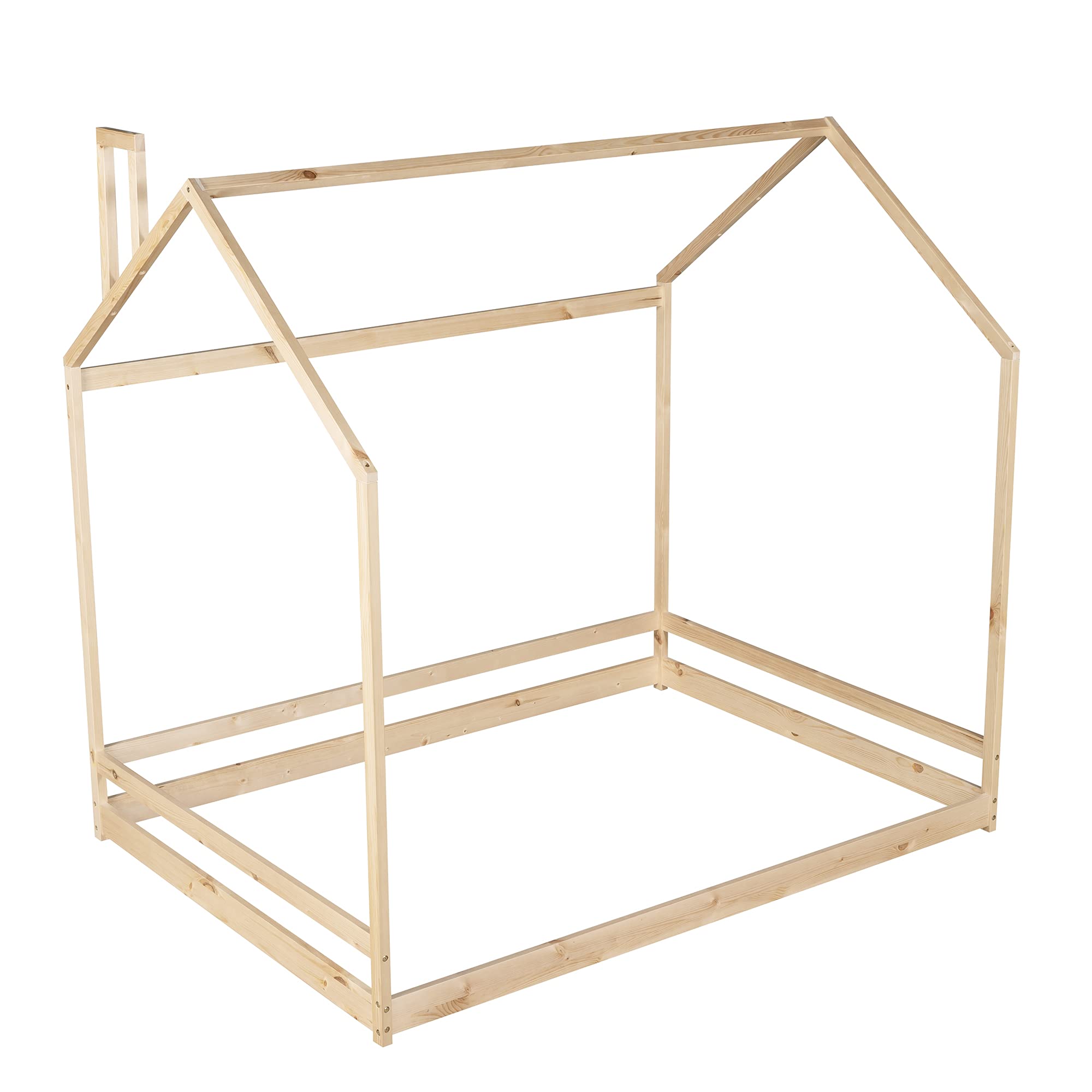 **AOCOROE Full Size Wooden House Bed Frame for Kids - Playhouse Design with Canopy & Tent, Low Floor Height, Natural Finish - Perfect for Boys & Girls Bedroom, Playroom, or Nursery**