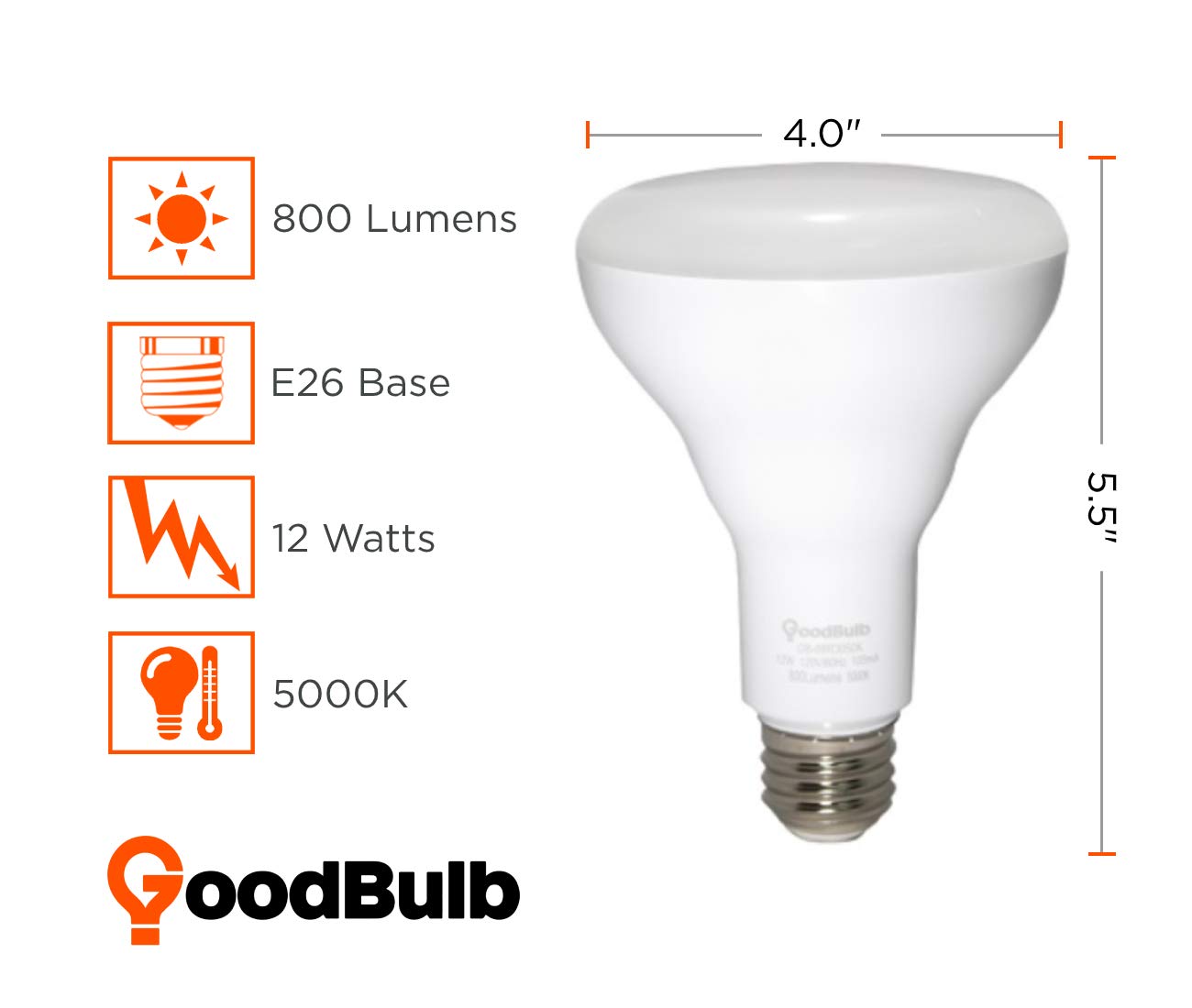 GoodBulb 12-Watt LED BR30 Light Bulbs (60W Equivalent) E26 Base - Daylight White 5000K, 800 Lumens, Energy Saving - Pack of 6 - Perfect for Recessed Lighting, Kitchens & Living Rooms