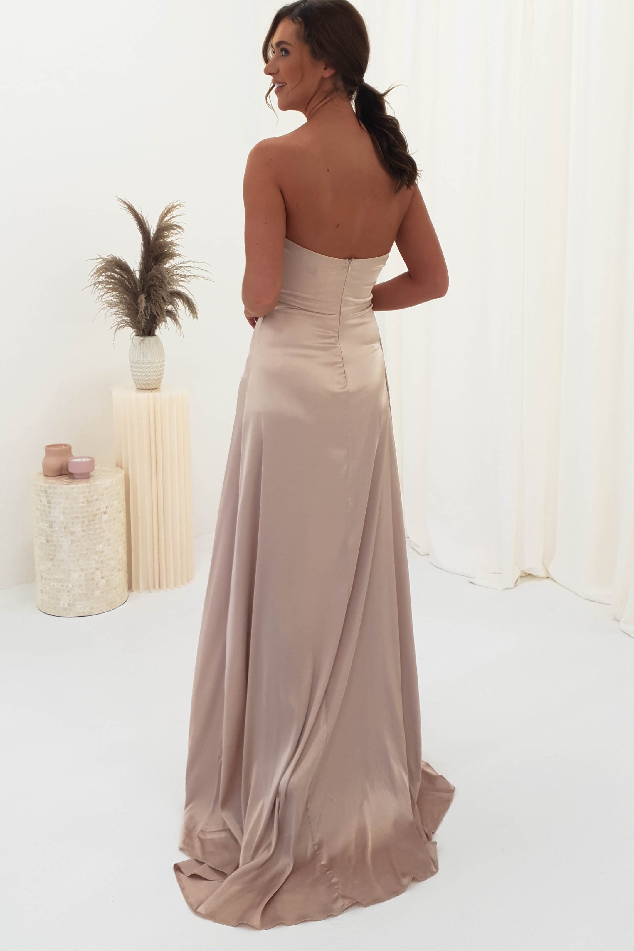 Krysta Soft Satin Long Strapless Gown - Elegant Champagne Evening Dress for Prom, Wedding & Formal Events