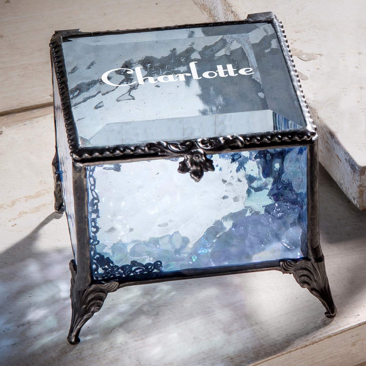 Personalized Engraved Jewelry Box with Stained Glass - Decorative Vanity Display Keepsake Gift for Women - Blue EB217-1 - Perfect for Wedding, Anniversary & Birthday Presents