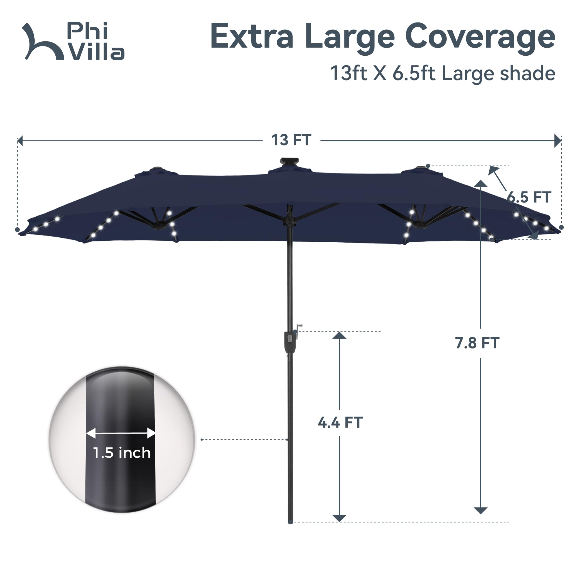 PHI VILLA 13ft Large Outdoor Patio Umbrella with 120 Solar LED Lights - Double-Sided Rectangle Market Umbrella for Deck, Garden, Poolside (Navy Blue, Base Not Included) | Perfect for Backyard, BBQ, and Outdoor Dining