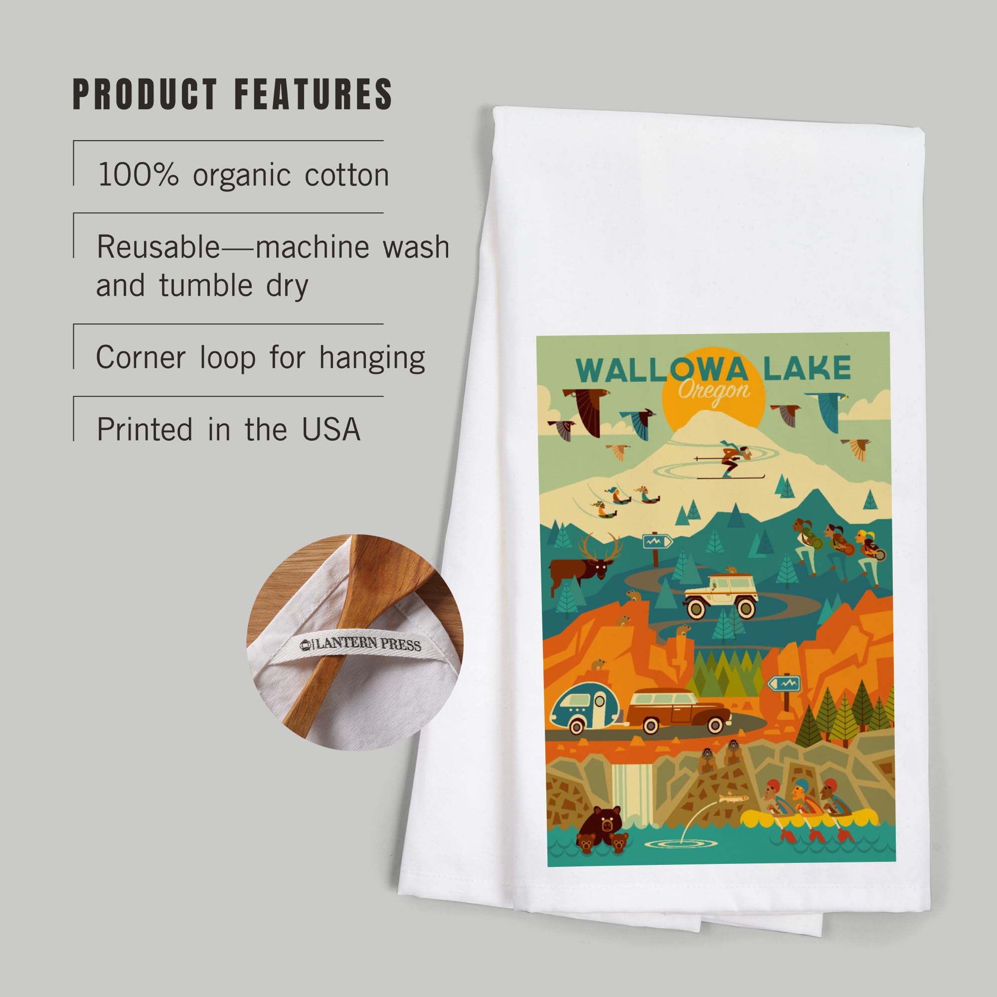 Wallowa Lake Oregon Geometric Tea Towel - 100% Cotton Decorative Hand Towel for Kitchen & Home - Perfect for Dish Drying, Gift Giving & Farmhouse Decor