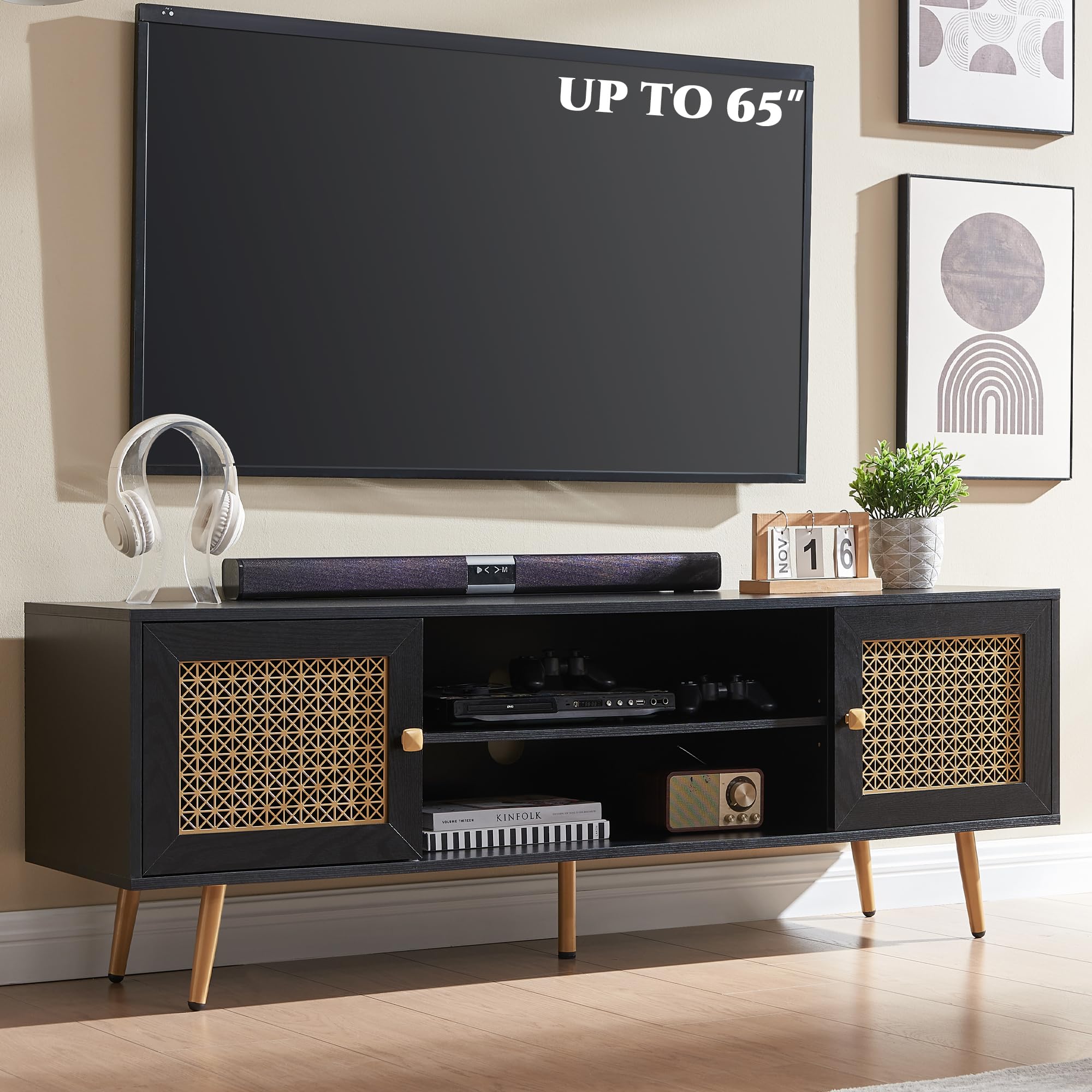 Mid Century Modern TV Stand for 65 Inch TV - Entertainment Center with Storage & Metal Mesh Cabinet Doors - Black Living Room Furniture for Home Theater Setup