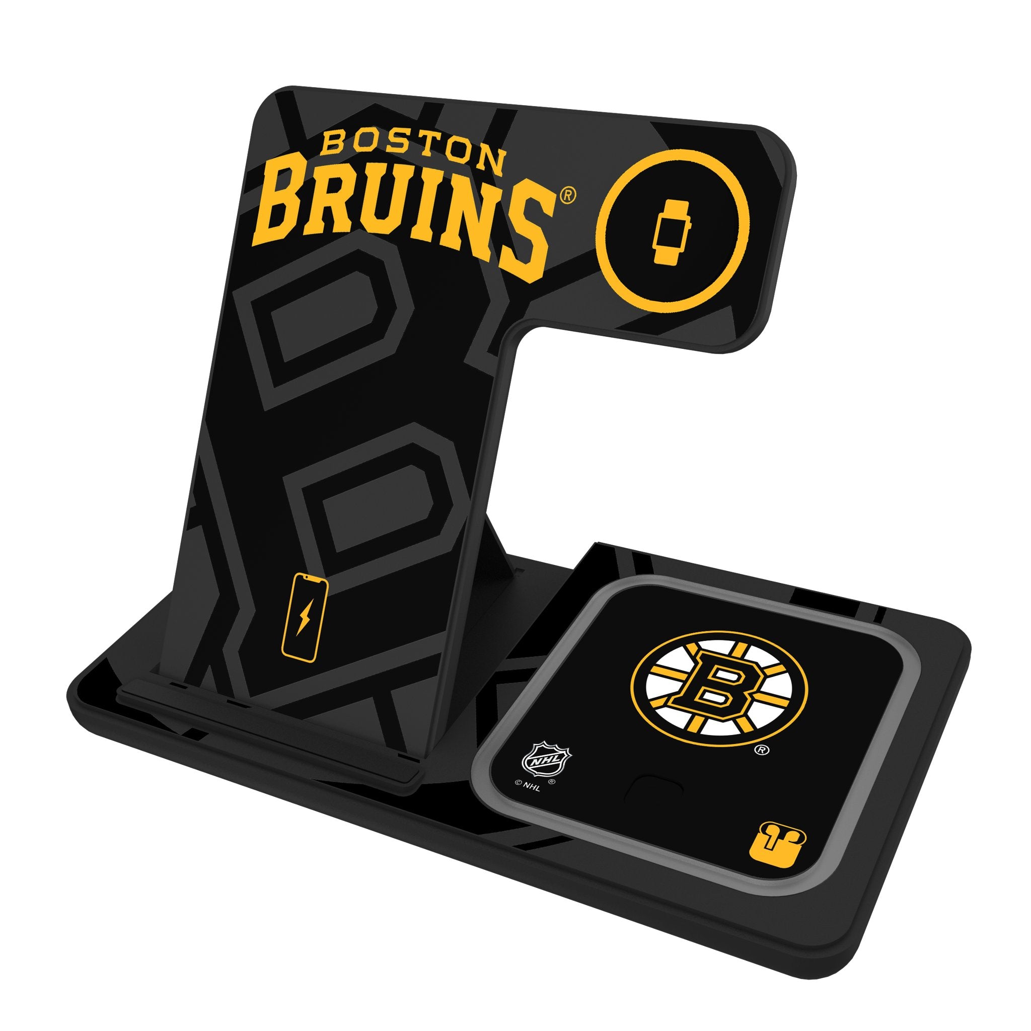 Boston Bruins Monocolor Tilt 3-in-1 Wireless Charging Station for iPhone, Android & AirPods - Perfect for Home, Office & Travel