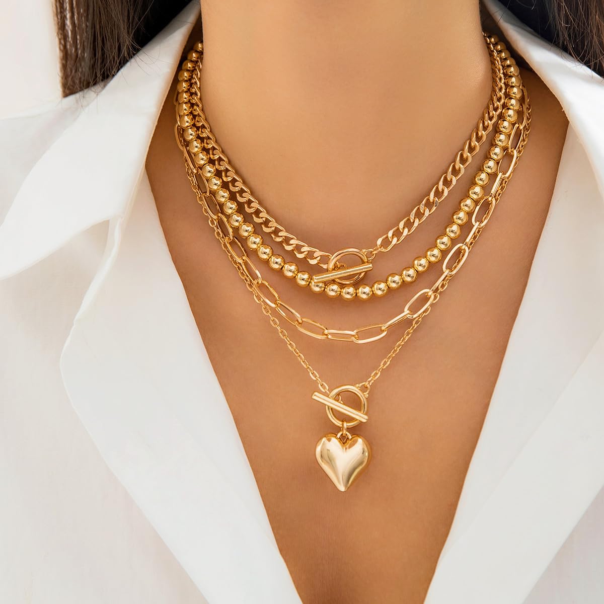 4pcs Layered Gold Necklaces for Women - Chunky Herringbone & Paperclip Chain Necklace Set with Retro Coin Medallion Pendant | Trendy Jewelry Gift for Teen Girls, Mothers Day & Everyday Wear