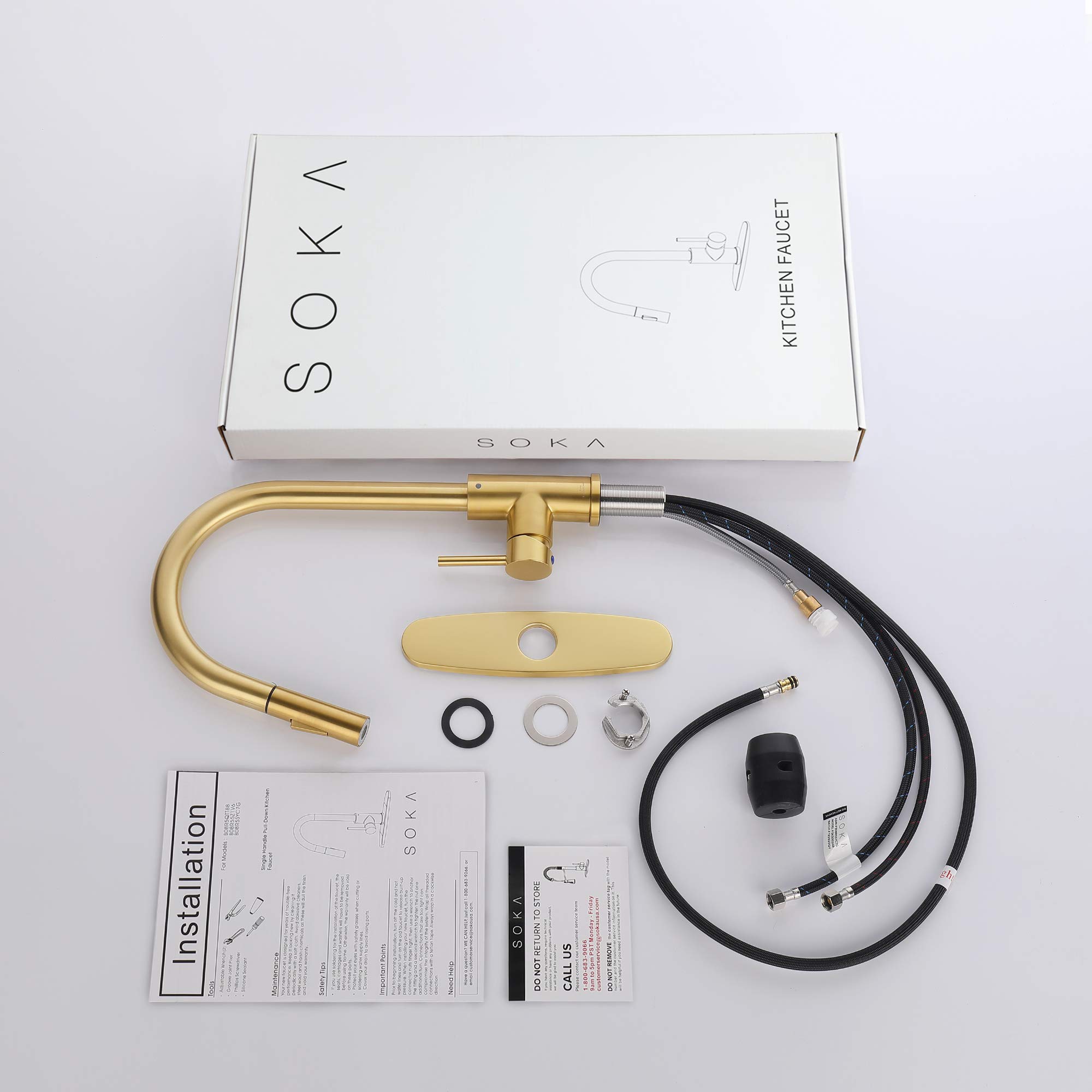 SOKA Commercial Kitchen Faucet with Pull Down Sprayer - RV Touch Faucet for Kitchen Sink, Single Handle High Arc Gold Faucet for Travel Trailers - Fits 1 & 3 Hole with Deck Plate - Perfect for RV, Tiny Homes & Mobile Kitchens