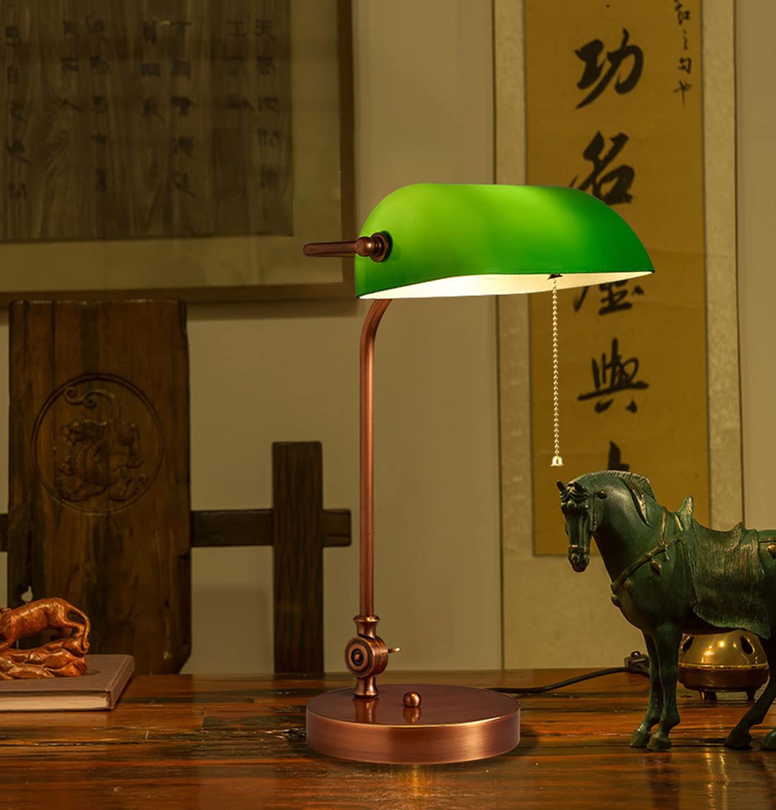 Vintage Emerald Green Glass Banker Desk Lamp with Copper Base - Adjustable 360° LED Reading Light, Pull Chain Switch, E27 Bulb Compatible - Perfect for Home Office, Study Room & Bedside Nightstand Lighting (Model-G)